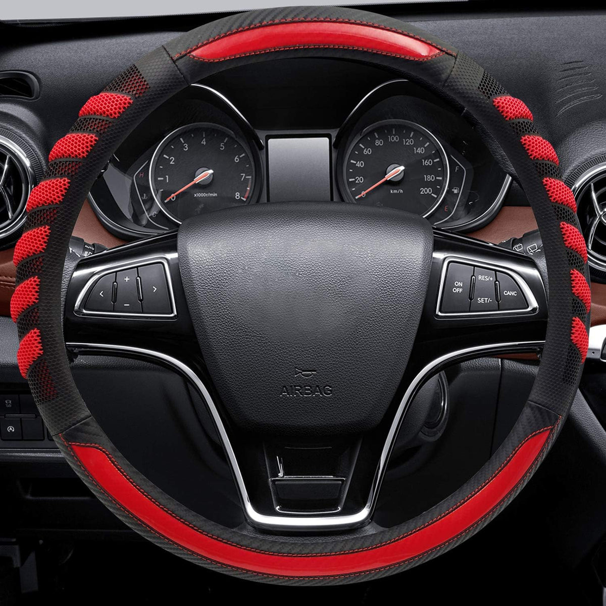 Sport Style Black Leather Steering Wheel Cover with Red Lucky-Cloud-Design Grip Steering Wheel Accessory,Universal Fit 14.5-15.25 inch Steering Wheel