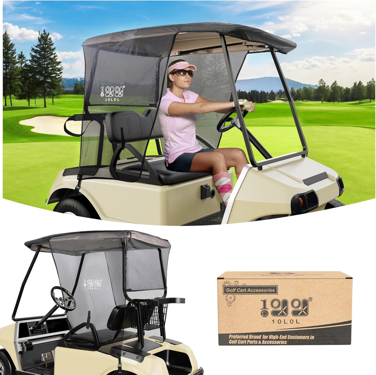 10L0L 2 Passenger Golf Cart Sun Shade Cover for EZGO TXT RXV & Club Car DS Precedent Tempo, UV Heat Blocking Polyester Mesh Canopy Cover, Durable & Easy Install (Roof Size:59" L X 41" W)