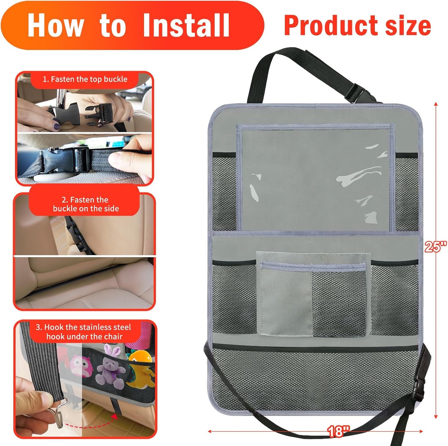 Car Backseat Organizer ，2 Pack Car Organizer Back Seat with 11" Tablet Holder, 10 Storage Pockets Seat Back Protectors Kick Mats for Kids Toddlers, Travel Accessories (Grey)