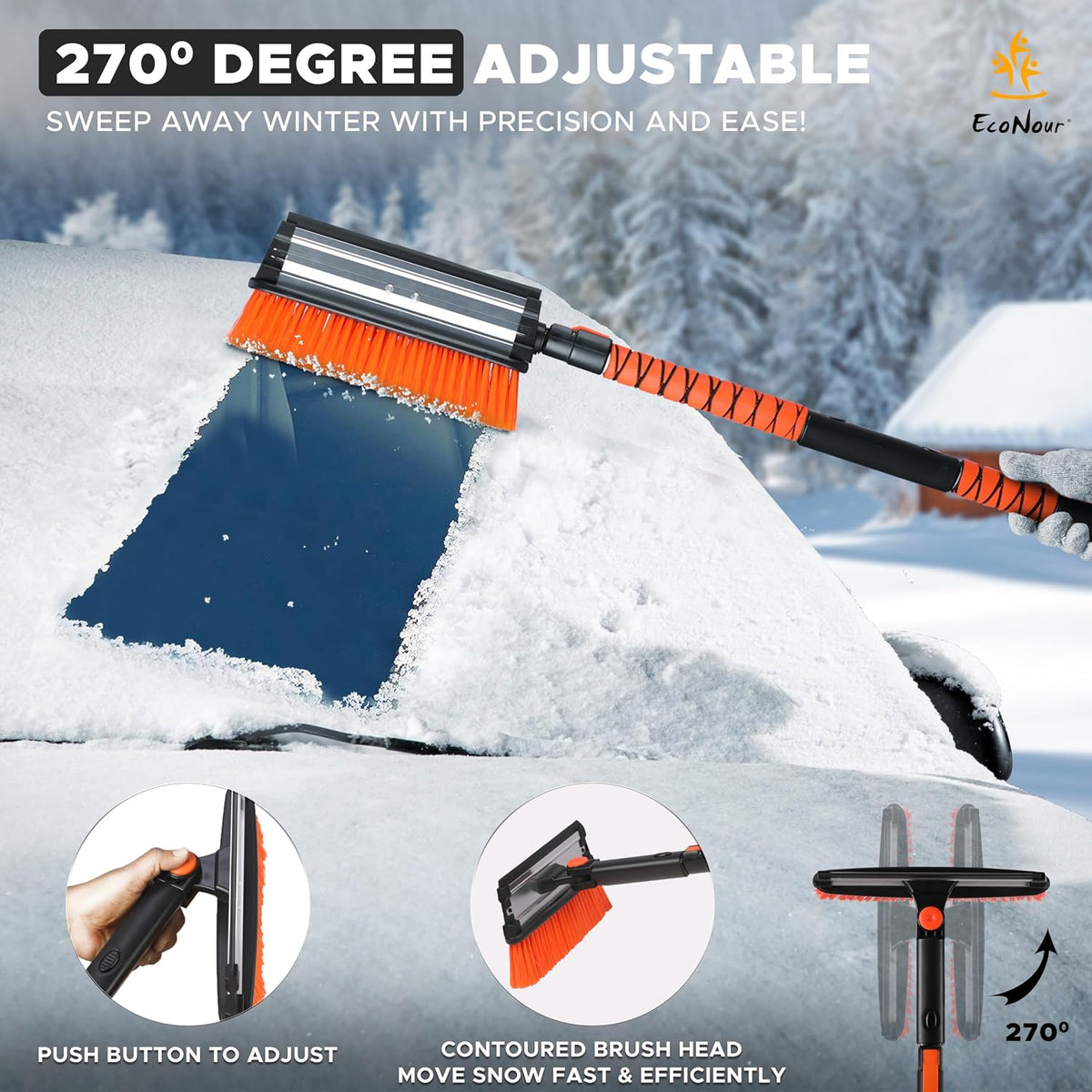 EcoNour 47" Extendable Snow Brush and Ice Scraper Pivoting Squeegee