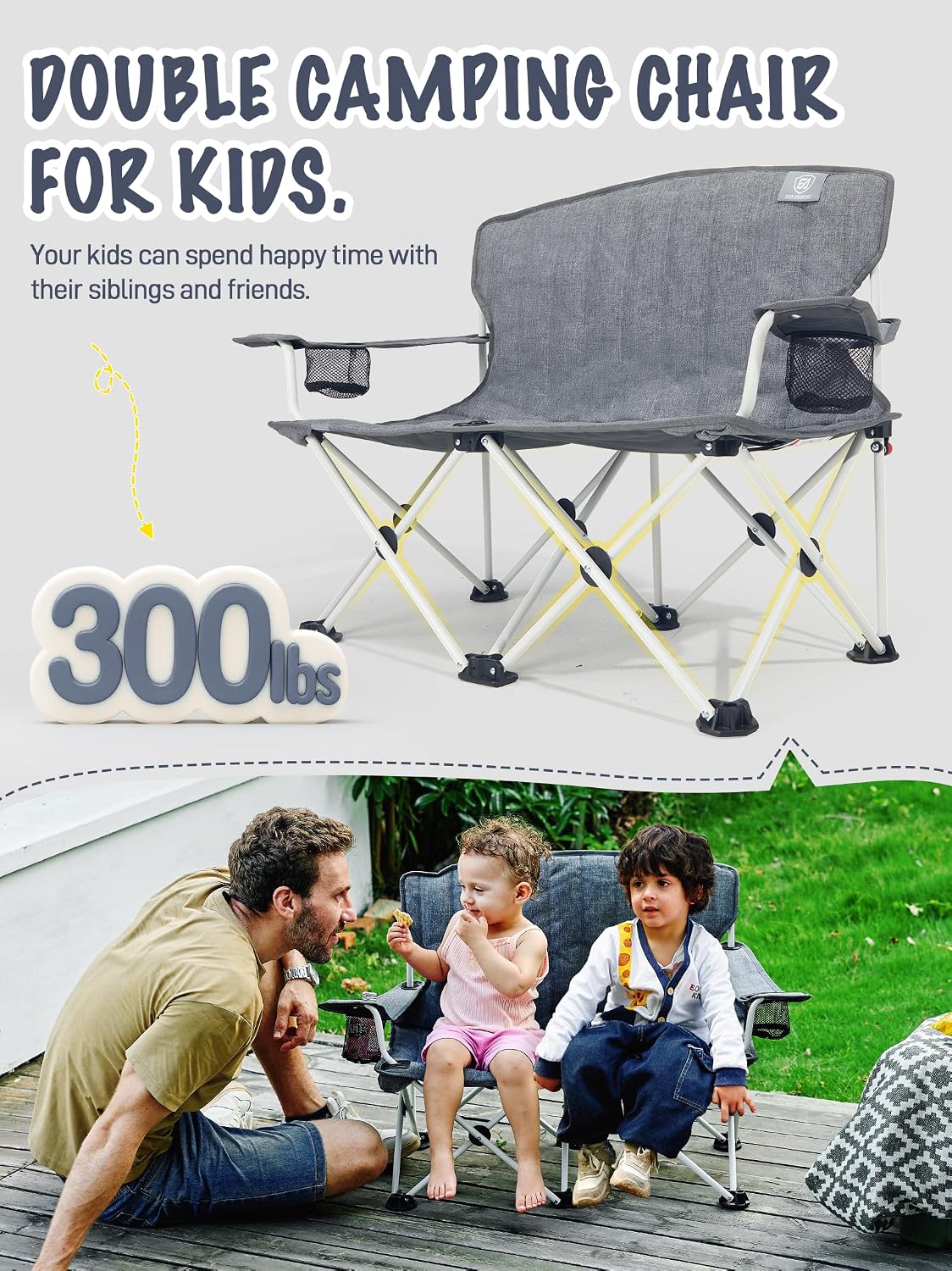 EVER ADVANCED Kids Double Camping Chair with Cupholders Safety Lock, Padded Kids Folding Chair Outdoor with Mesh Pocket, Lightweight Portable Two Person Loveseat for Beach, Supports 300lbs, Grey