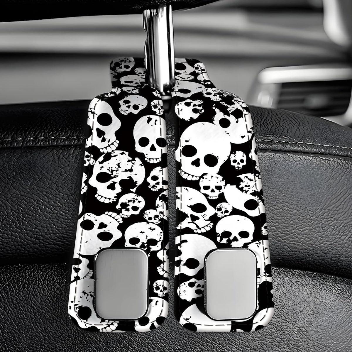 Car Seat Back Storage Headrest Hook, Premium Leather Double Metal Hook, Hanger Storage Organizer for Purse Cloth Bag, Car Interior Accessories Black White Skulls