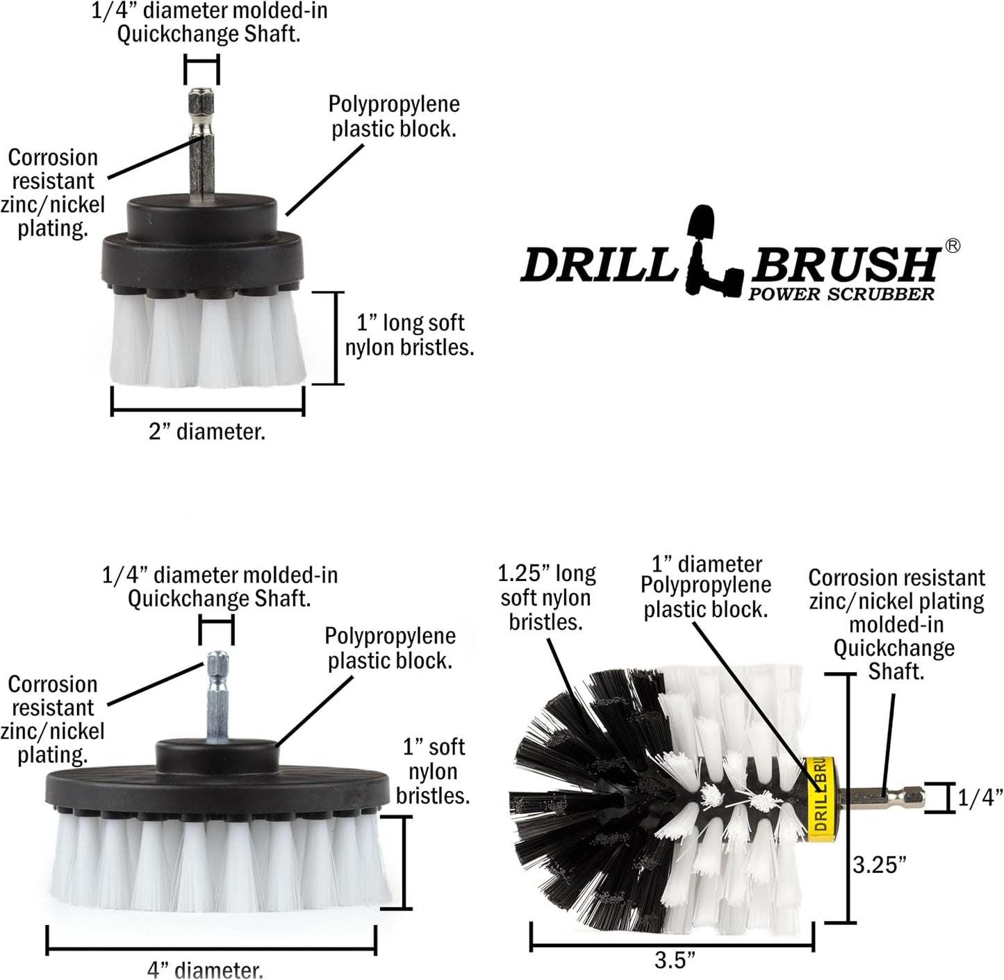 Drillbrush Car Detailing Kit | Drill Brush Set – Soft Bristle Power Scrubber Attachments for Cleaning Car Interior, Upholstery, Carpet, Seats, Wheels, Rims, Dash, Console, and Trim - Nylon Scrub Brush