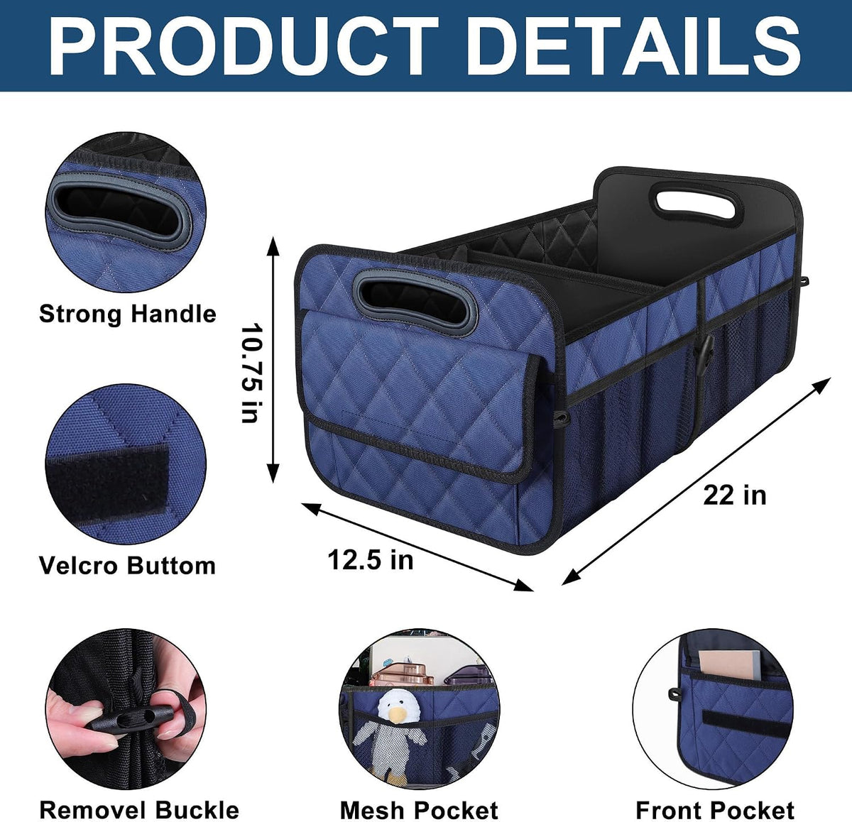 Deosk Car Trunk Organizer for SUV, Car Organizers and Storage with Reinforced Handles, Car Accessories for Women/Men 50L Waterproof Polyester Trunk Organizer(Medium, Dark Blue)
