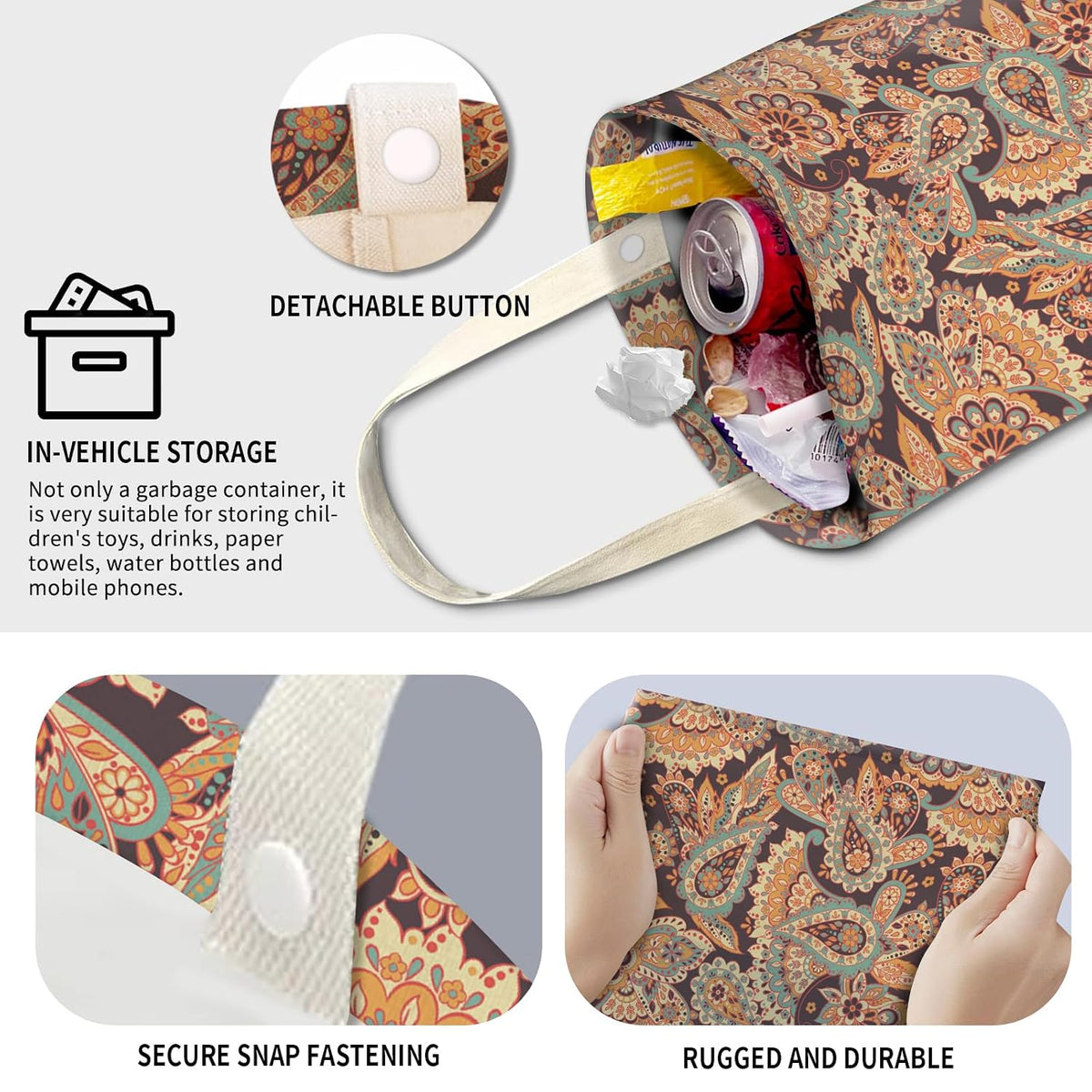Cute Car Trash Can, Hanging Canvas Car Back Seat Organizer and Storage Bag, Funny Car Trash Bag for Travelling, Outdoor Boho Paisley Flower