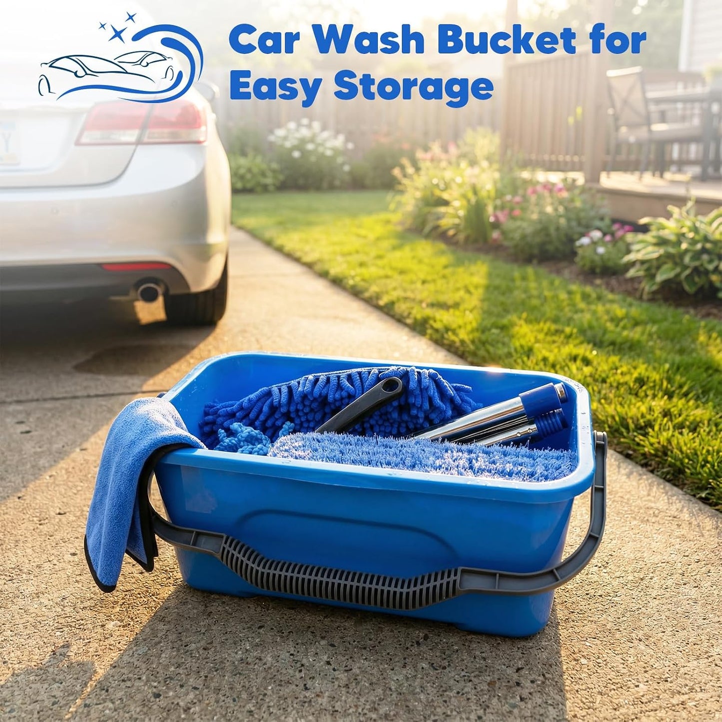 17Pcs Car Wash Kit with Bucket, Car Cleaning Kit with 62" Long Handle Car Wash Brush Mop, Mitt Duster Wheel Brush Detailing Brushes Towel, Car Washing Supplies for Cars RV Truck Exterior and Interior