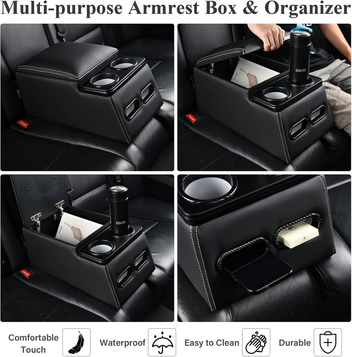 Coverado Car Center Console, Universal Rear Bench Seat Consoles, Truck Seat Organizer and Storage, Back Seat Car Organizer with Cup Holder, Central Armrest Box (Regular, Black)