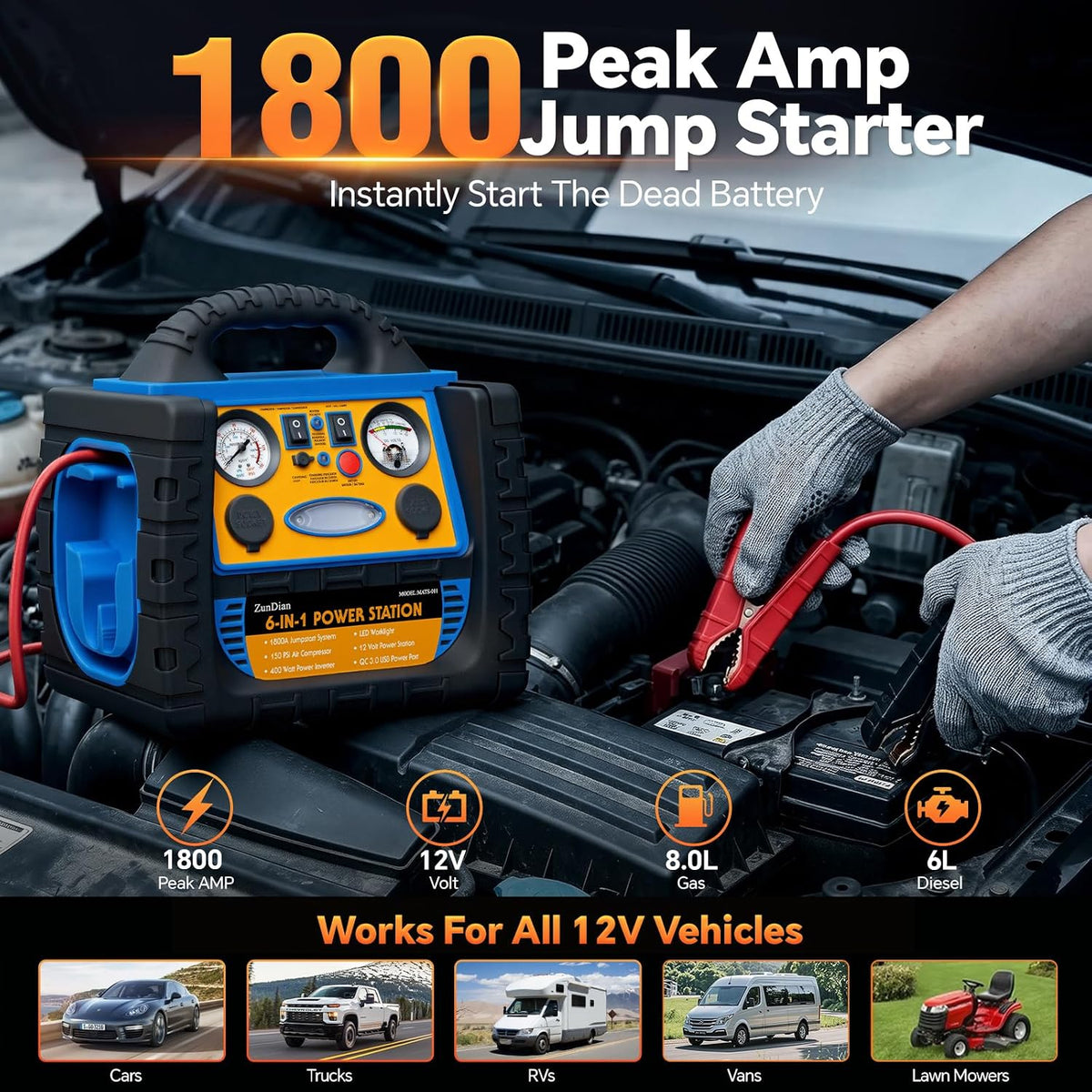 Car Jump Starter with Air Compressor, 1800A Battery Booster Pack for Up to 8.0L Gas & 6.0L Diesel, 150PSI Tire Inflator, 400W Portable Power Station with AC Outlet, 6-in-1 Jump Box for Cars, Trucks