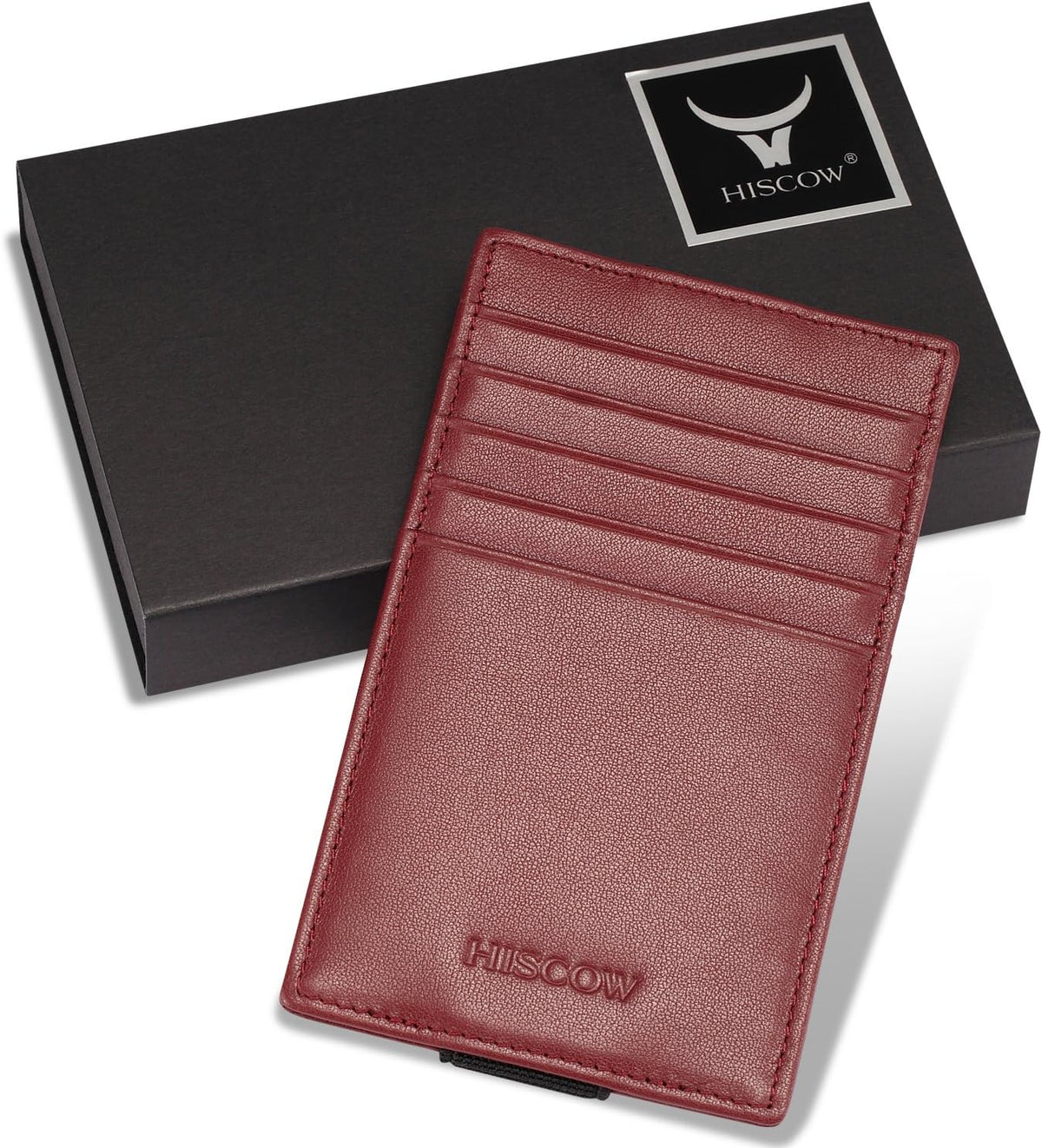 HISCOW Car Sun Visor Card Holder with Elastic Band Fastener - Italian Calfskin (Wine Red)