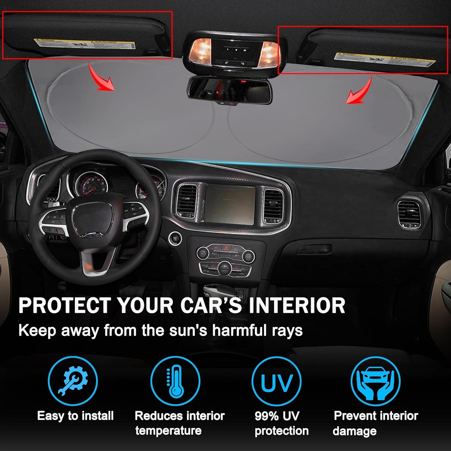 Front Windshield Sun Shade Fit for Dodge Charger Challenger Durango Journey Universal Fit to All Dodge Cars Foldable Sun Visor Protector Custom Fit Dodge Window Sunhade (Black)