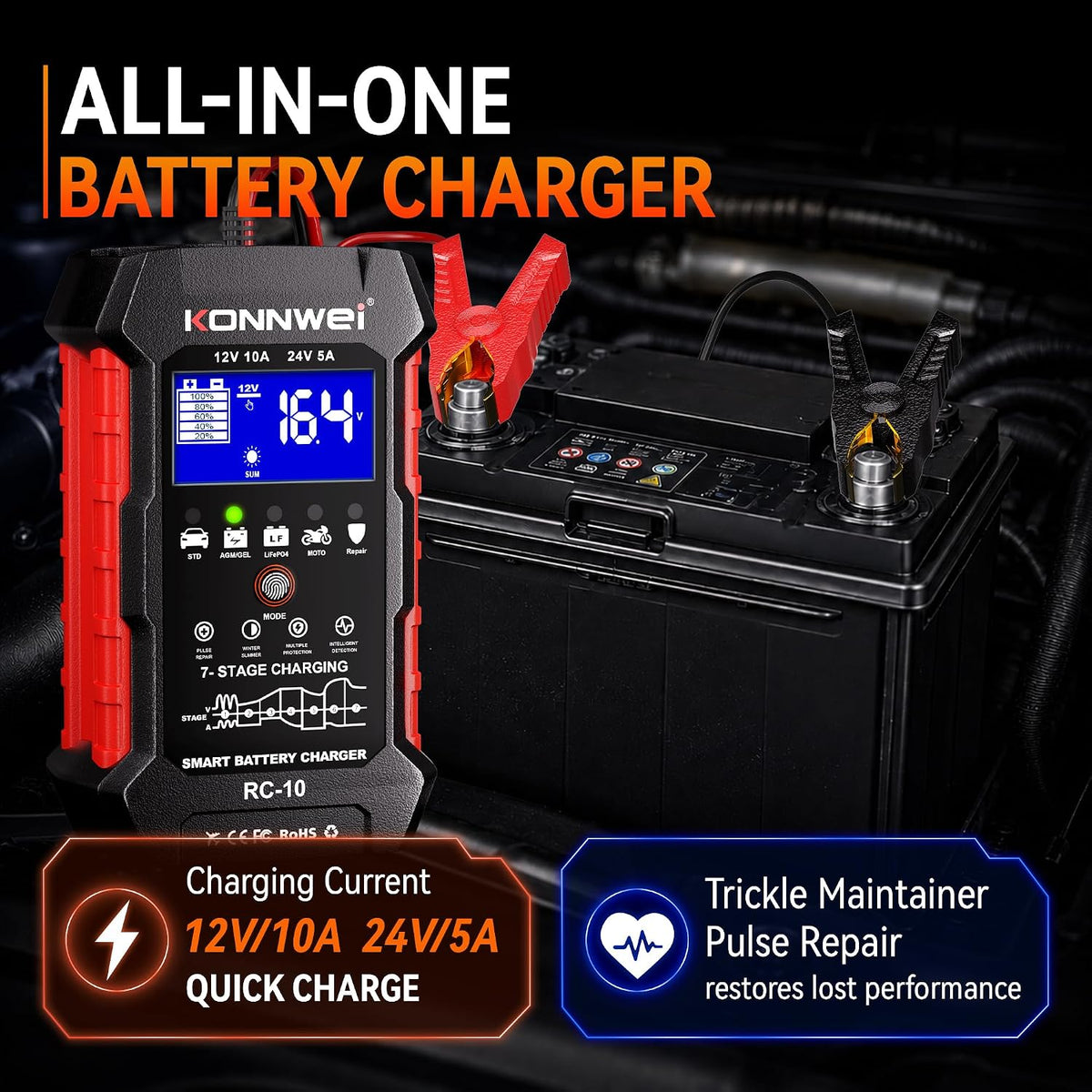 KONNWEI 12V/24V Battery Charger,Smart Trickle Charger Maintainer LiFePO4