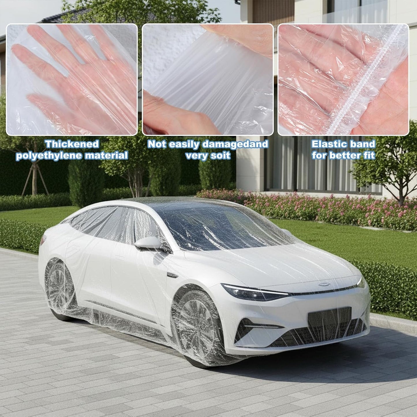 Sibba 5 Pack Disposable Car Covers, Plastic Car Cover Universal Waterproof Clear Cars Covers Vehicle Cars Cover with Elastic Bands for Sedan Outdoor Snow Rain Weather (12.4 ft x 21.6 ft)