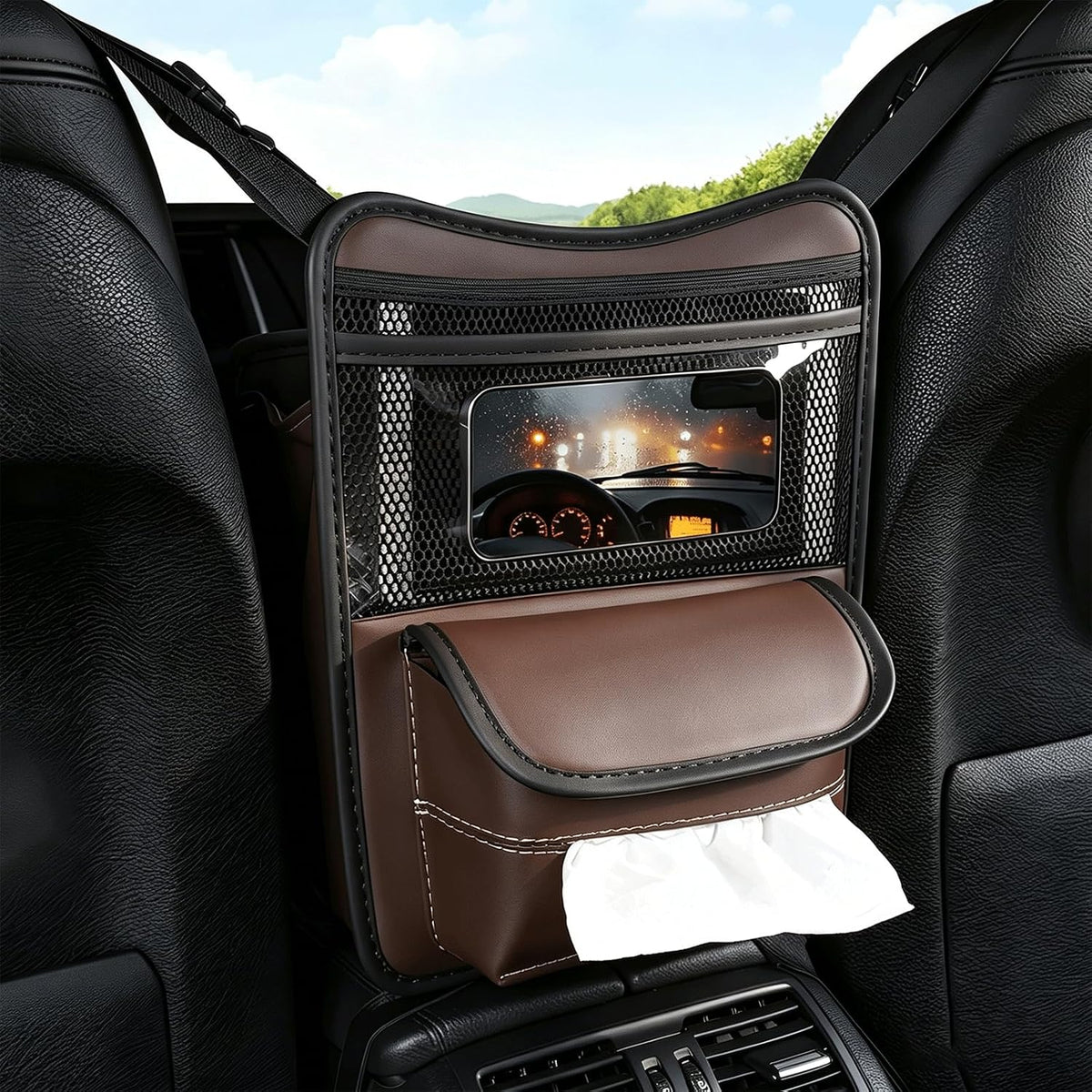 Car Organizer Storage Between Seats, Premium Leather Car Storage Bag Pocket Handbags Purse Holder with Tissue Box, Touch Screen Phone Holder, Console Front Seat Storage Barrier (Brown)