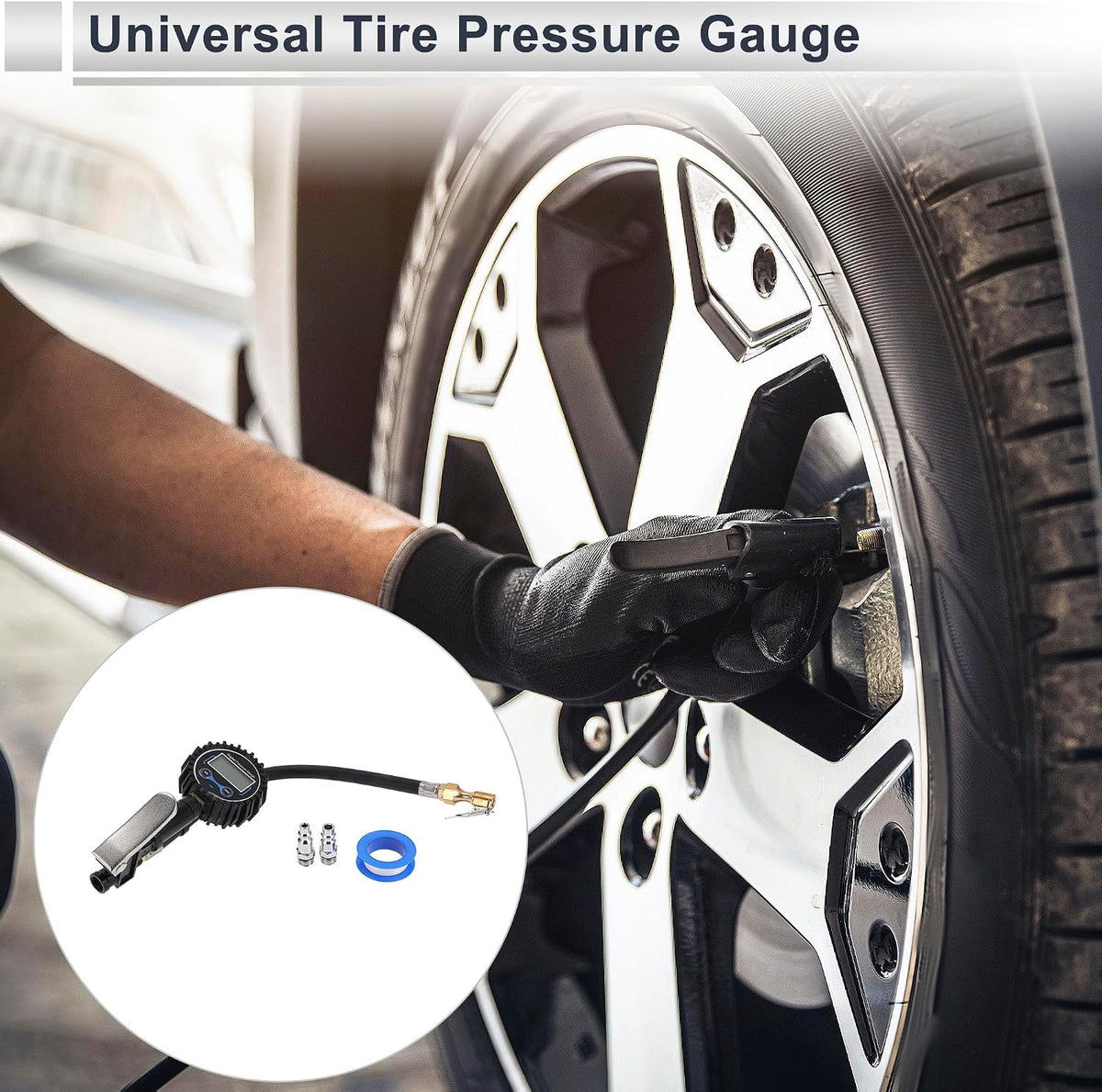 1Set Universal Tire Pressure Gauge 200 PSI 2.76Inch Digital Pressure Gauge with Inflator Tyre Air PSI Meter for Motorcycle SUV Truck Black