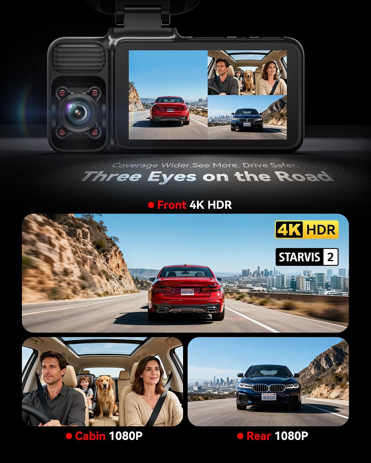 REDTIGER F17 4K 3CH Dash Cam, STARVIS 2 Sensor HDR, 64GB Card, 5.8GHz WiFi