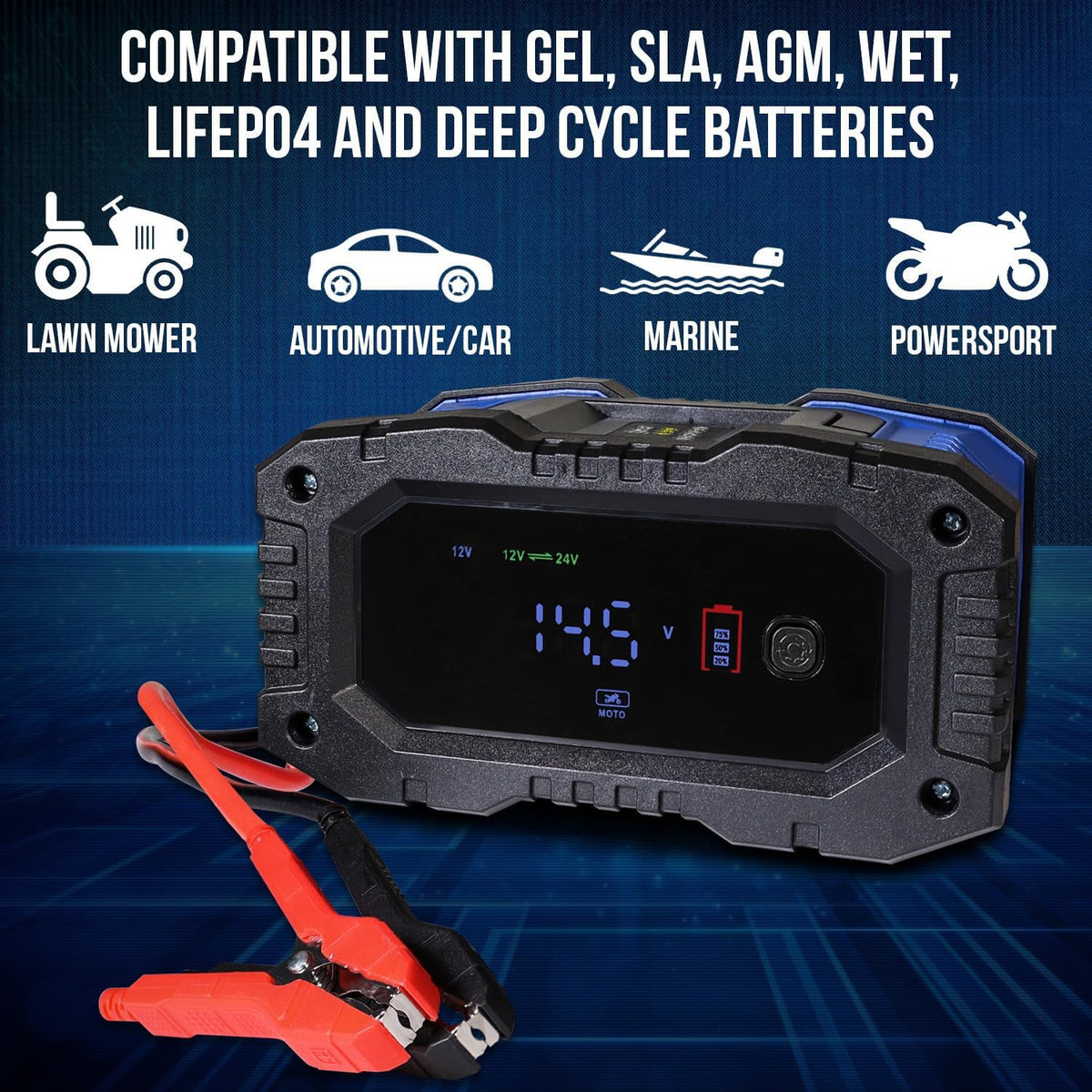 Mighty Max Battery 12V/24V 10Amp Smart Automatic Charger & Maintainer with Restoration, Desulfator, and Winter Mode for for Car, RV, Boat, Truck, Motorcycle - Lithium, AGM, SLA, Gel, Wet, Deep Cycle