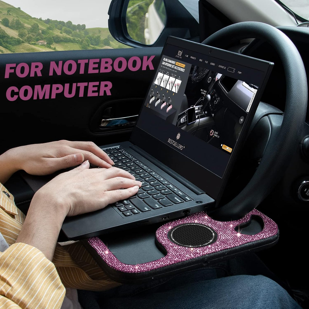 eing Bling Auto Steering Wheel Desk, Laptop,Tablet, Notebook Car Travel Table, Food Eating Hook On Steering Wheel Tray, for Constant Travelers, Fits Most Vehicles Steering Wheels,Purple