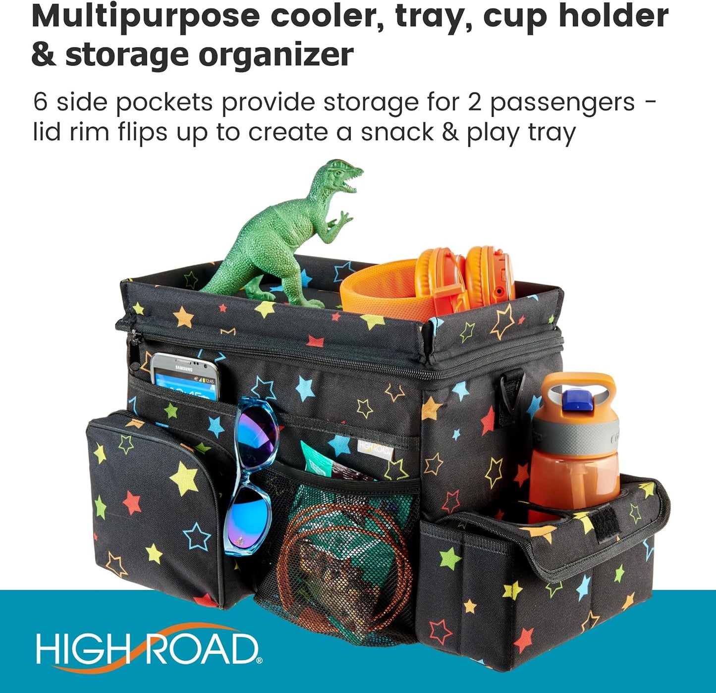 High Road CarHop Car Caddy Organizer with Road Trip Cooler, Car Cup Holder Bin, Sturdy Snack and Play Lid and 6 Organization and Storage Pockets, Starry Night