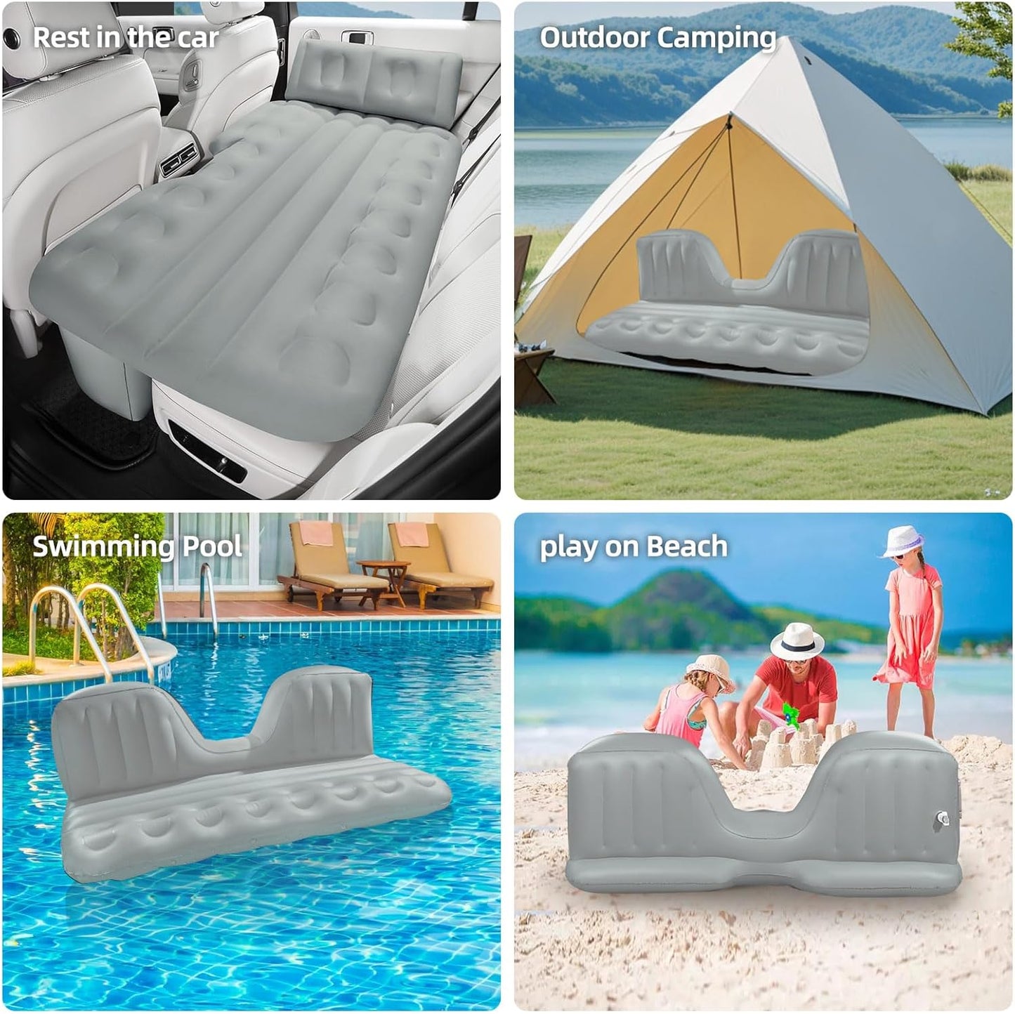 BEBAS Inflatable Car Air Mattress for Back Seat & SUV - All-in-One Design with Built-in Pump & Pillow, Quick 1-Key Inflation/Deflation, Comfort Portable Bed for Camping, Travel, Trucks | Gray