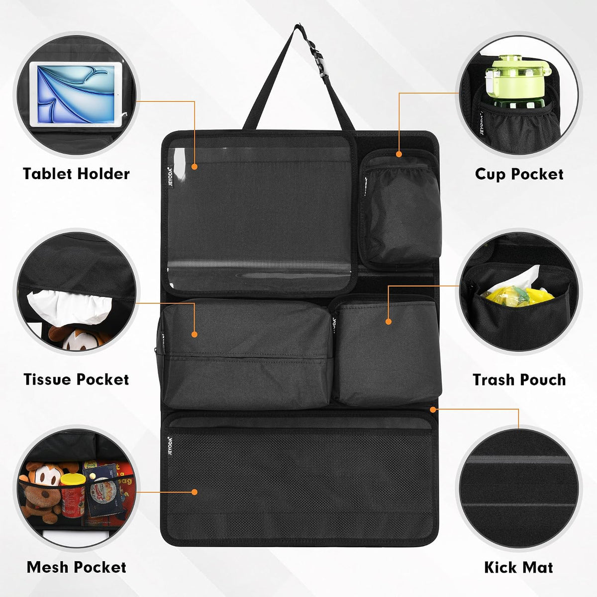 JEYODA Hook and Loop Backseat Car Organizer, Back Seat Storage Bag Kick Mats with Touch Screen Tablet Holder for Kids, Designed for Easy Removal, Installation and Cleaning (Standard Set(6 Piece))