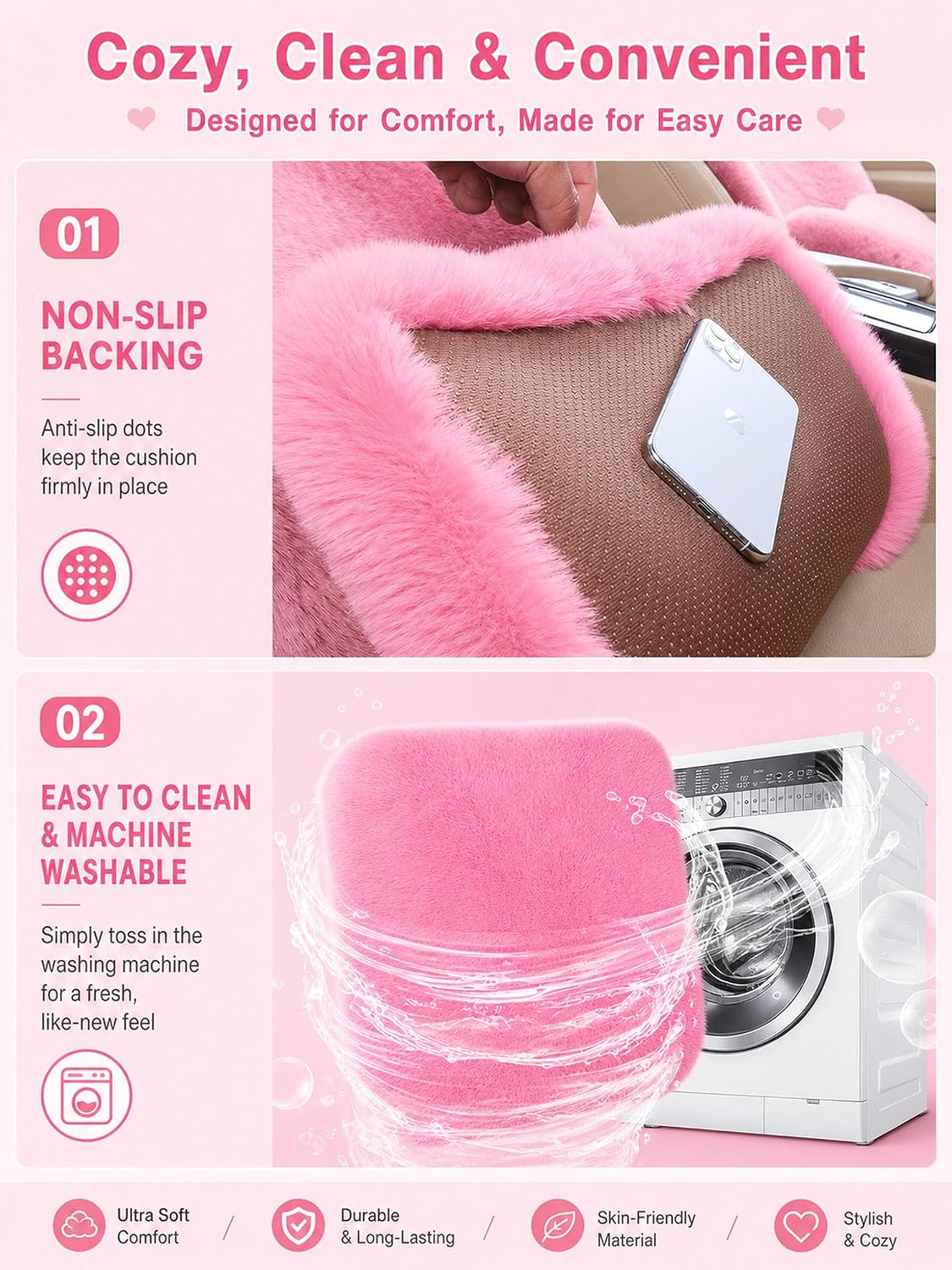 Winter Soft Warm Faux Rabbit Fur car seat Cushion,Universal fit Plush Front and Back Fuzzy car seat Pads Cushion Cover Protector - 1pcs (Back seat 1pcs,Pink)