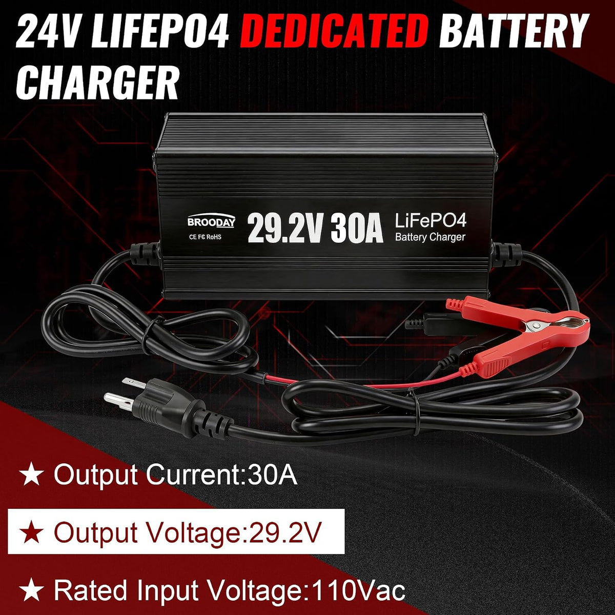 29.2V/24V 30A LiFePO4 Lithium Battery Charger, for Car Truck Moto