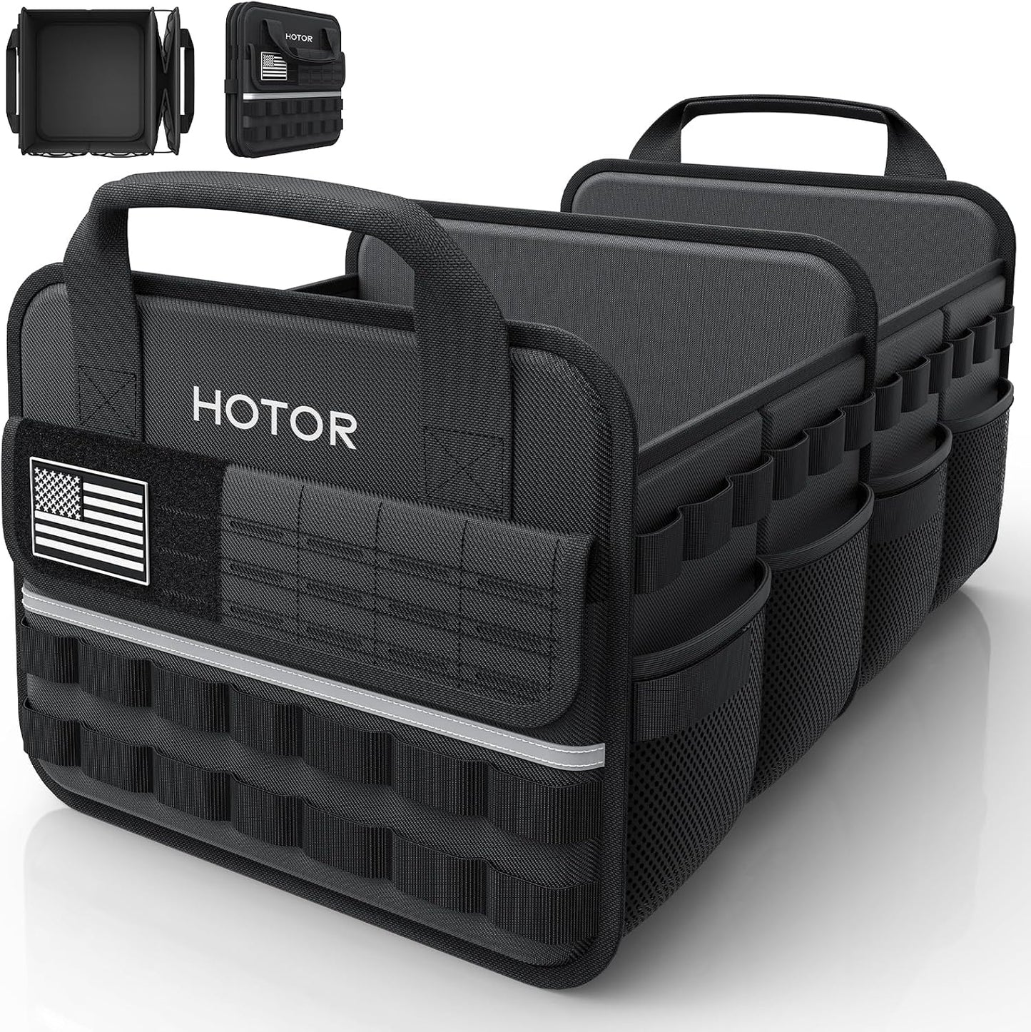 HOTOR Tactical Car Trunk Organizer - Foldable Trunk Organizer for SUV with Front MOLLE Pocket & Reflective Strips, Essential Car Accessories for Tools & Outdoor Storage, 12.8" x 21.7" x 11.0", Black