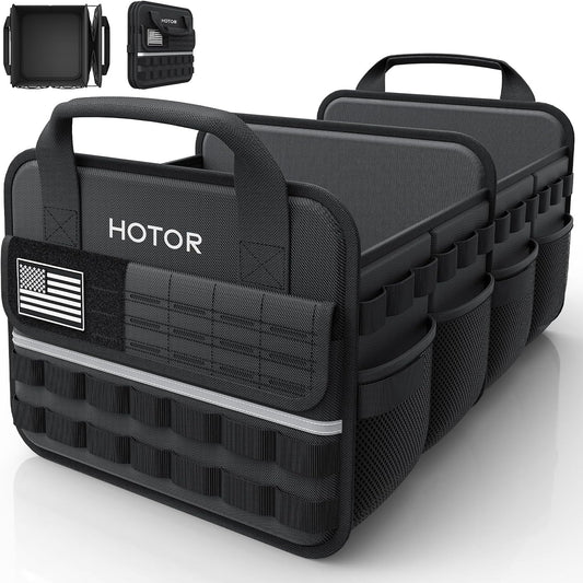 HOTOR Tactical Car Trunk Organizer - Foldable Trunk Organizer for SUV with Front MOLLE Pocket & Reflective Strips, Essential Car Accessories for Tools & Outdoor Storage, 12.8" x 21.7" x 11.0", Black