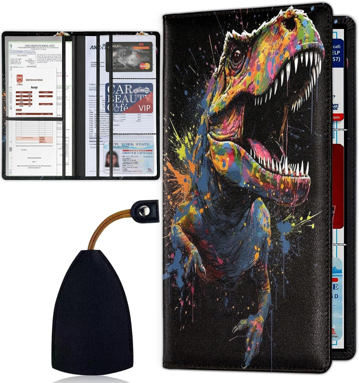 Car Document Holder with Magnetic Shut, Car Registration & Insurance Card Holder, Waterproof PU Leather Glove Box Organizer Vehicle Accessories Driver License for Women/Men, Watercolor Dinosaur