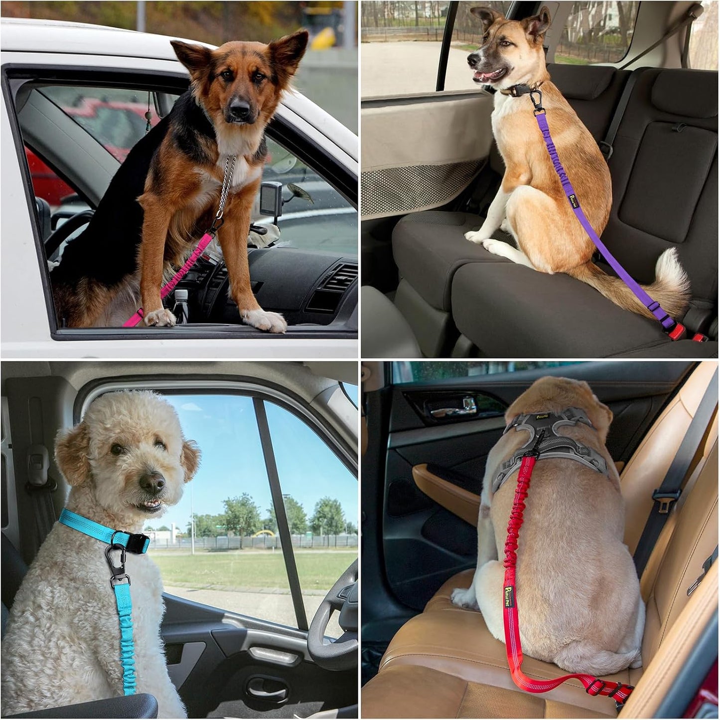 Plutus Pet Dog Seat Belt for Car, Adjustable Dog Car Harness with Carabiner Clip, Reflective Safety Dog Seatbelt Leash with Elastic Bungee, Black