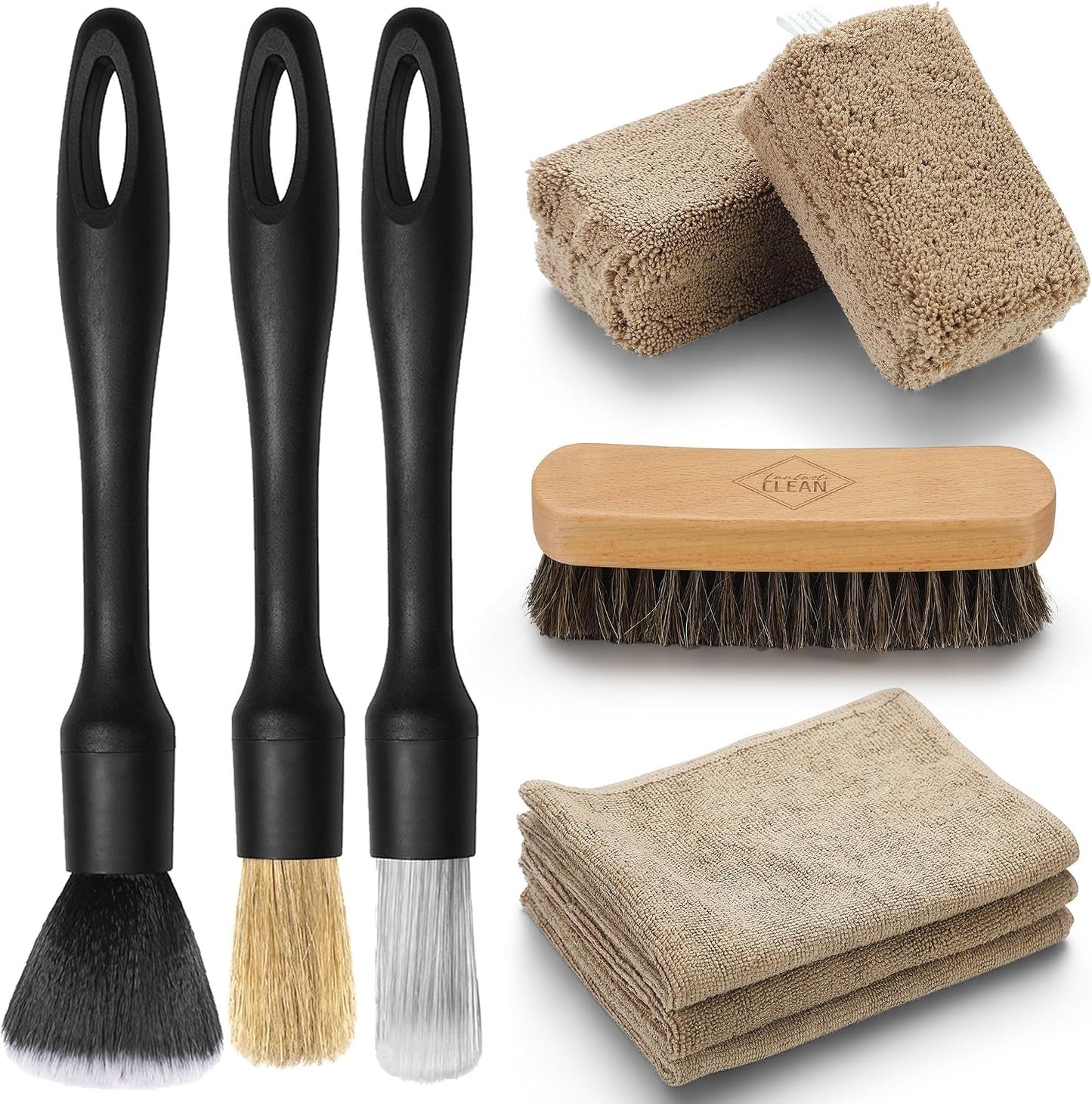 Fantasticlean 9PCS Car Interior Detailing Set, Microfiber Cloth & Applicator, Single-Head Detailing Brushes, Natural Bristles, Scratch-Free & Ultra-Soft for Seats Leather Care or Cleaning