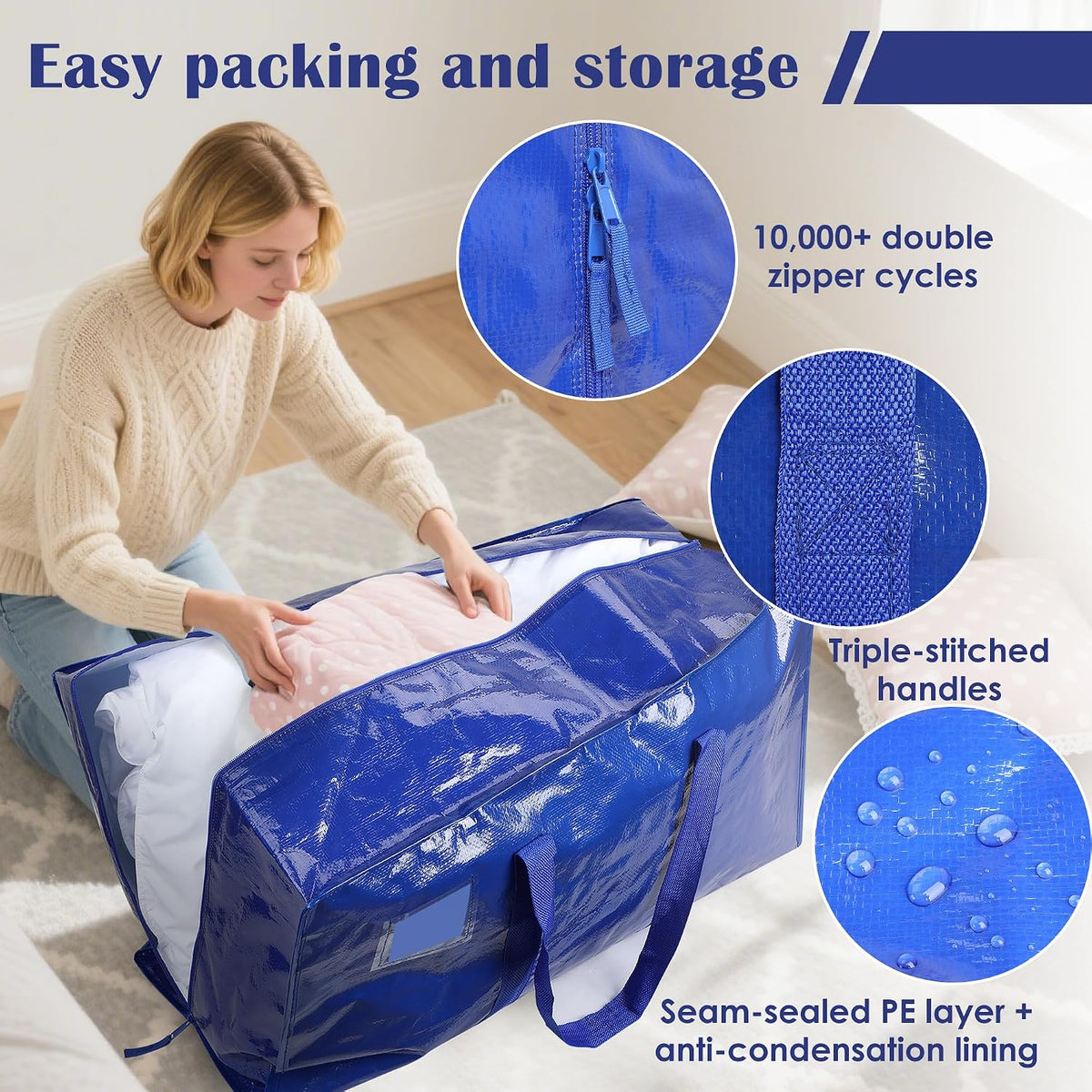 12 Pack Moving Bags with Full-Open Side Zipper, Extra Large 93L Heavy Duty Waterproof Foldable Storage Totes for College Dorm, Moving & Home Organization Blue