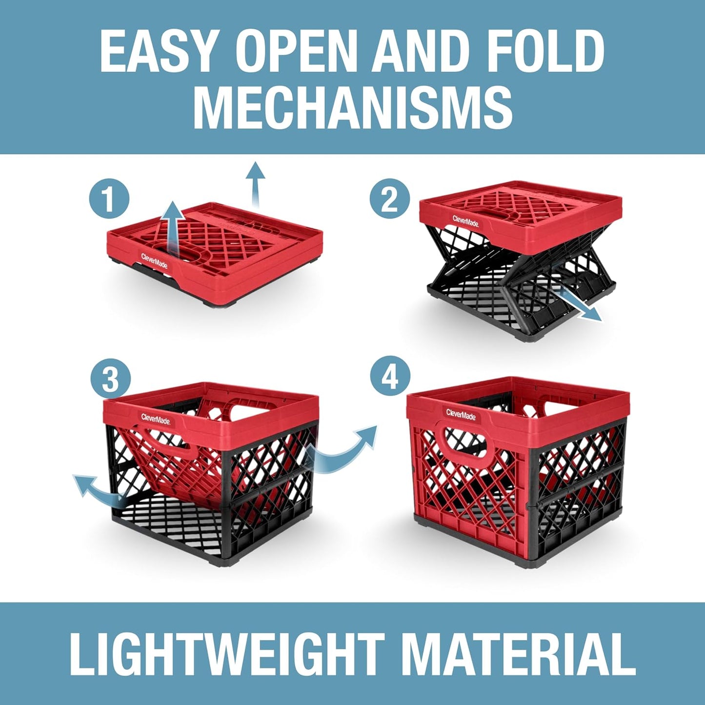 CleverMade Heavy Duty Collapsible Milk Crate, 25L, 6.6 Gal, 50 lb, Red | Stackable plastic storage crate with file rails for hanging folders and organizes garages, classrooms, offices and car trunks