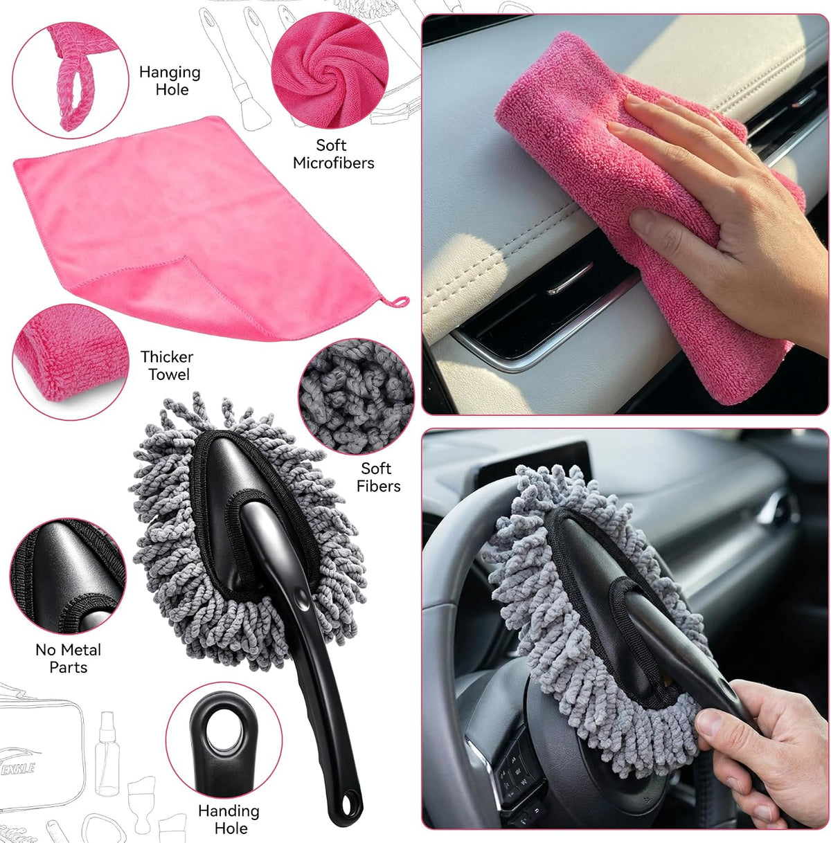 Car Interior & Windshield Cleaner Tool, 16Pcs Car Detailing Kit