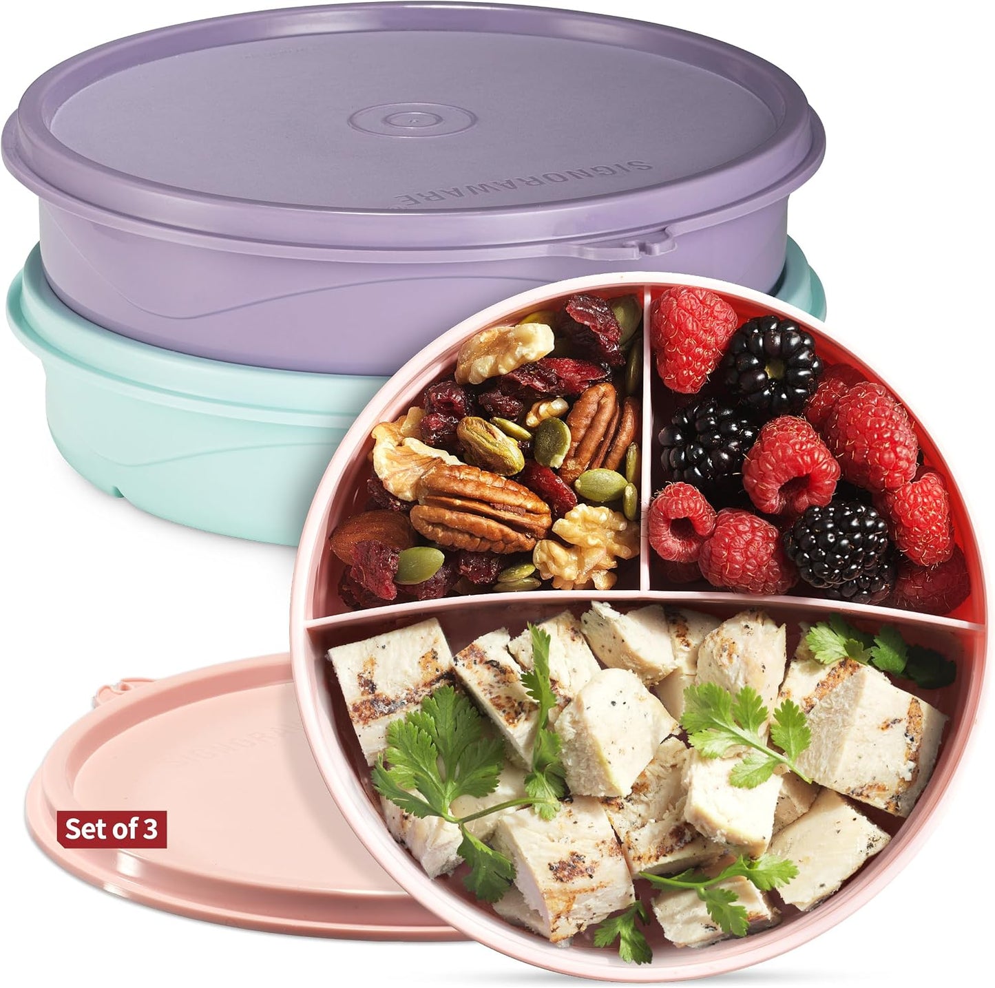 Snack Containers 3-Pack – 3-Compartment Round Snack Containers for Kids and Adults – Stackable Food Storage Containers with Lids – BPA-Free Dishwasher-Safe Snack Boxes for Kids Single Serving