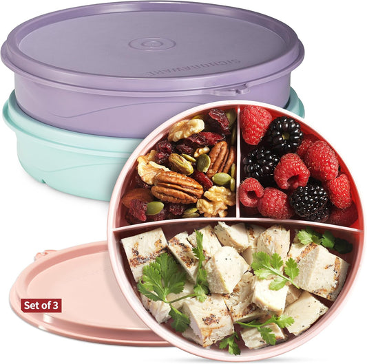 Snack Containers 3-Pack – 3-Compartment Round Snack Containers for Kids and Adults – Stackable Food Storage Containers with Lids – BPA-Free Dishwasher-Safe Snack Boxes for Kids Single Serving