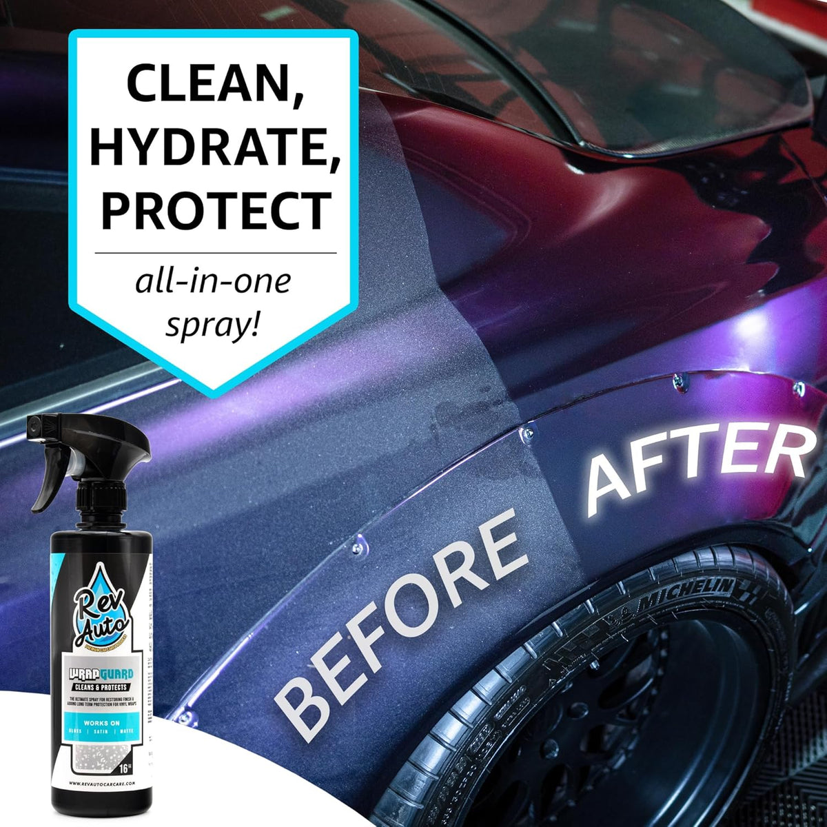 Rev Auto Wrap Guard - Cleans, Hydrates & Protects Car Vinyl | Vinyl Wrap Cleaner for Cars | Made for Gloss, Satin, Matte, Chrome, Printed & More - (32 Fl Oz)