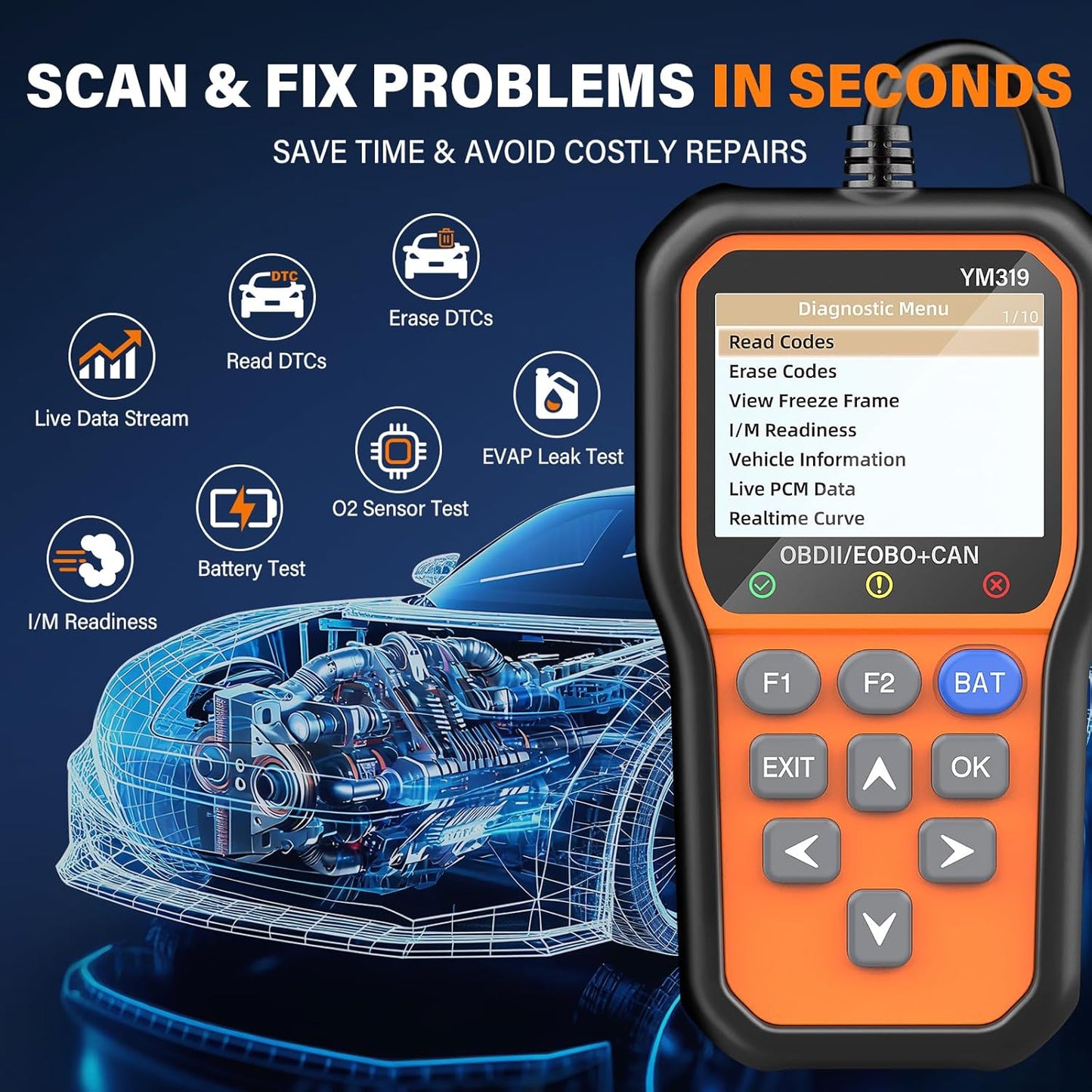 BluSon YM319 OBD2 Scanner Diagnostic Tool with Battery Tester, Check Engine Fault Code Reader with Live Data, Cloud Printing, DTC Lookup, Freeze Frame, Scan Tool for All OBDII Protocol Cars Since 1996
