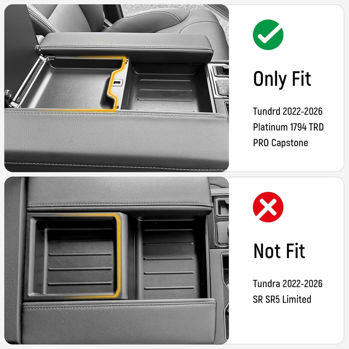 2PC Center Console Tray Liner Compatible with Toyota 2022-2026 Tundra (Only Fit Platinum, 1794, TRD PRO, Capstone) & 2023-2026 Sequoia Accessories Center Console Organizer Protective Pad