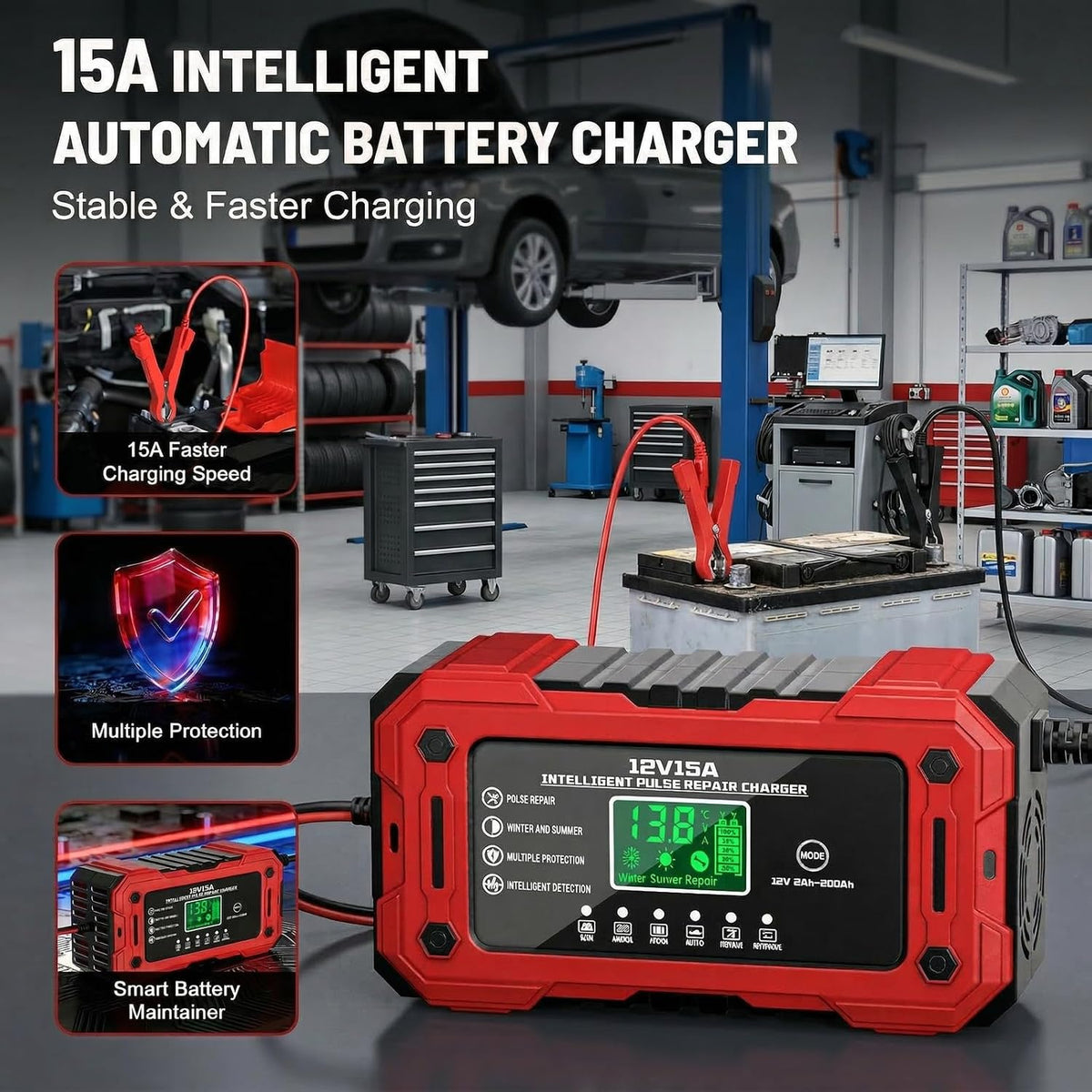 Car Battery Charger 12V 15A Smart Trickle Charger Fully Automatic