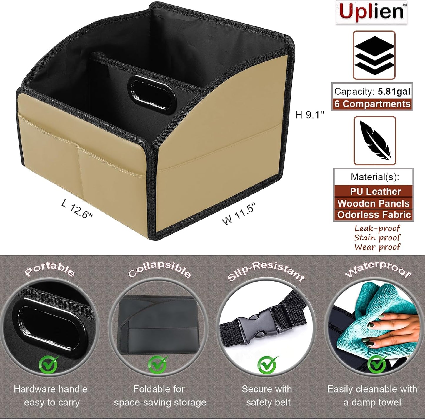 Car Storage Organizer [2025 UPDATED] Leather Car Caddy Basket for Front Seat Floor Back Seats Metal Handle 6 Compartments Adjustable Strap Buckles Slip-Resistant (Beige)