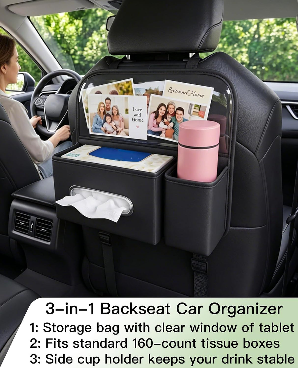 4 in 1 PU leather Backseat Car Organizer with Car Tissue Cup Tablet Holder
