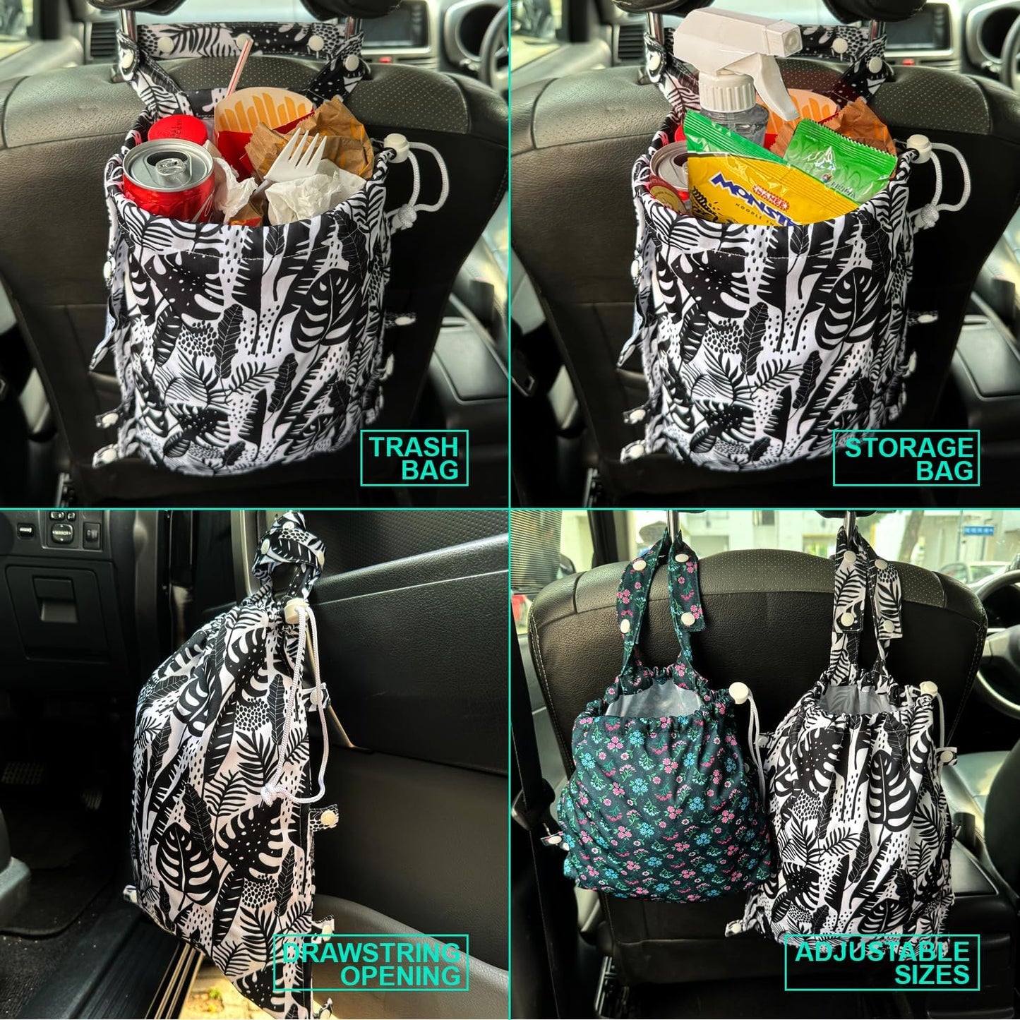 Leak-Proof Waterproof Car Trash Bag Foldable Multipurpose Trash bin Container Storage Cute Grocery Organizer Bag for Automotive Front or Back Seat in Cars SUVs and Trucks (Tropical)