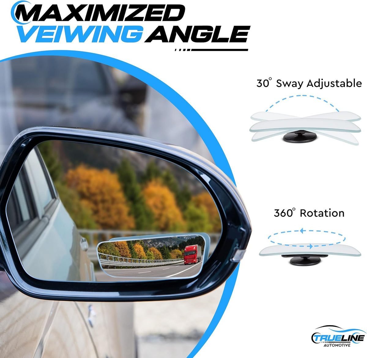 True Line Automotive 2 Pack Blind Spot Car Mirror - Frameless Car Blind Spot Mirror with Adjustable 360° View - Car Mirror Blindspot Mirror, Universal Fit, Wide Angle, Blindspot Mirror for Car