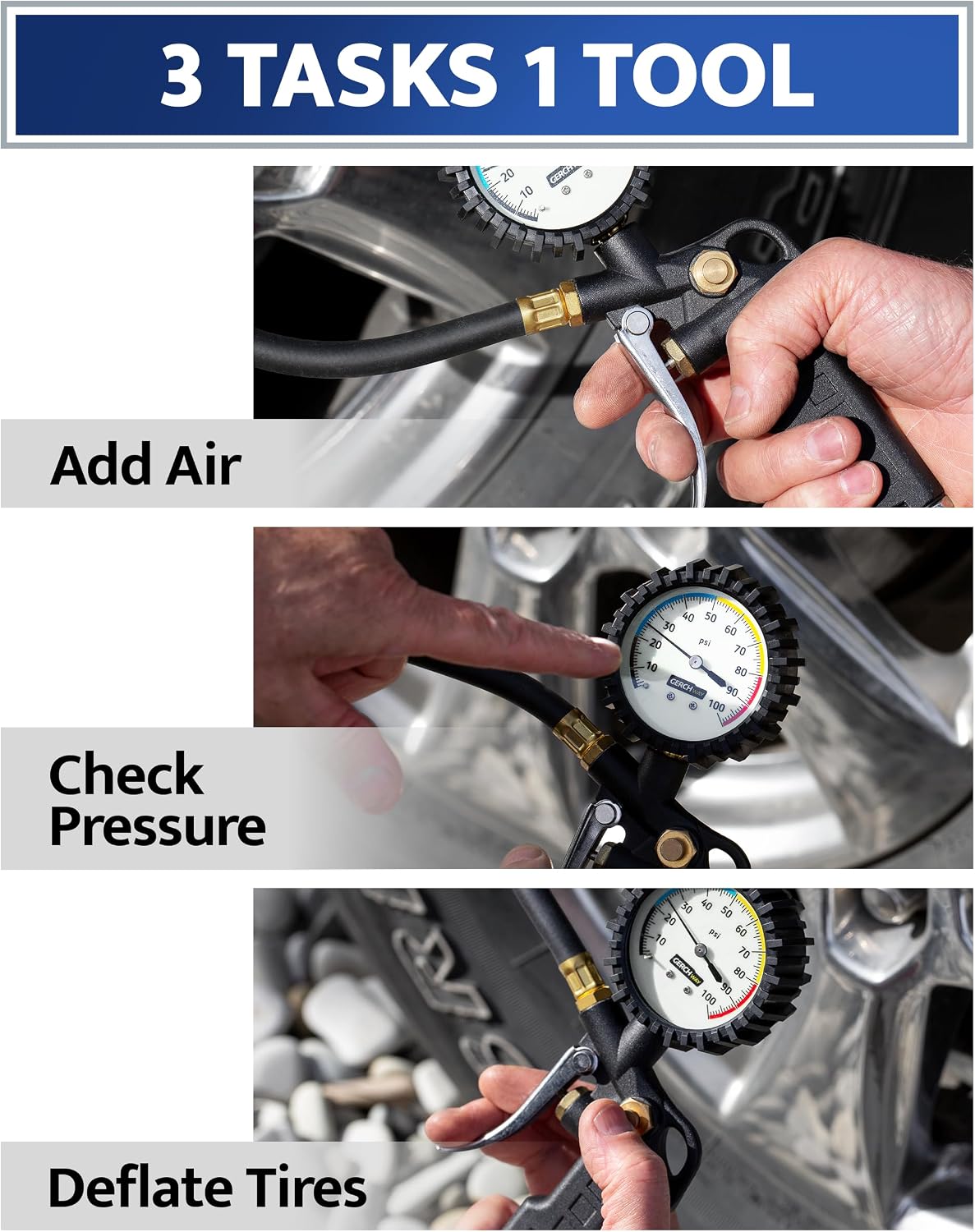 GERCHWAY Tire Pressure Gauge with Inflator for Air Compressor, 100 PSI