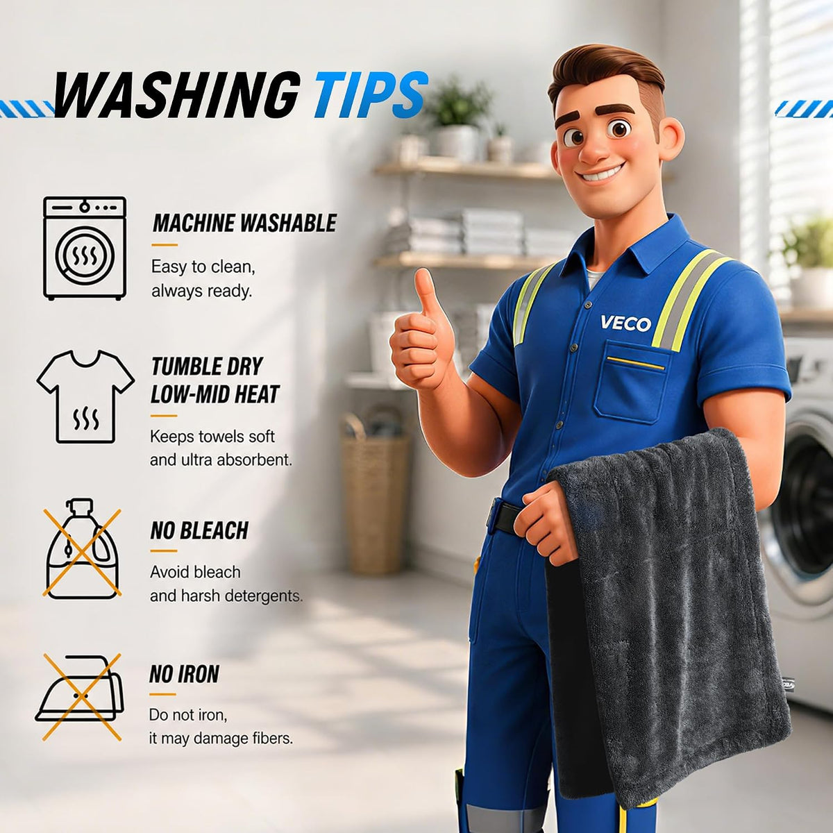 Veco 1600 GSM Car Drying Towel, 36x24 70/30 Microfiber, Black