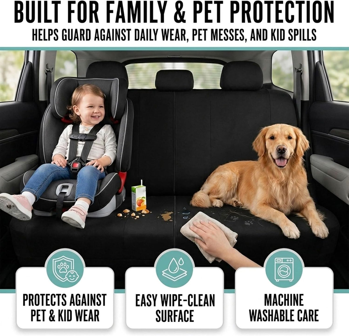 FH Group Full Set Cloth Car Seat Covers, Universal Fit Front and Split Bench Rear, Airbag Compatible, Washable for SUV, Sedan, Van - Black