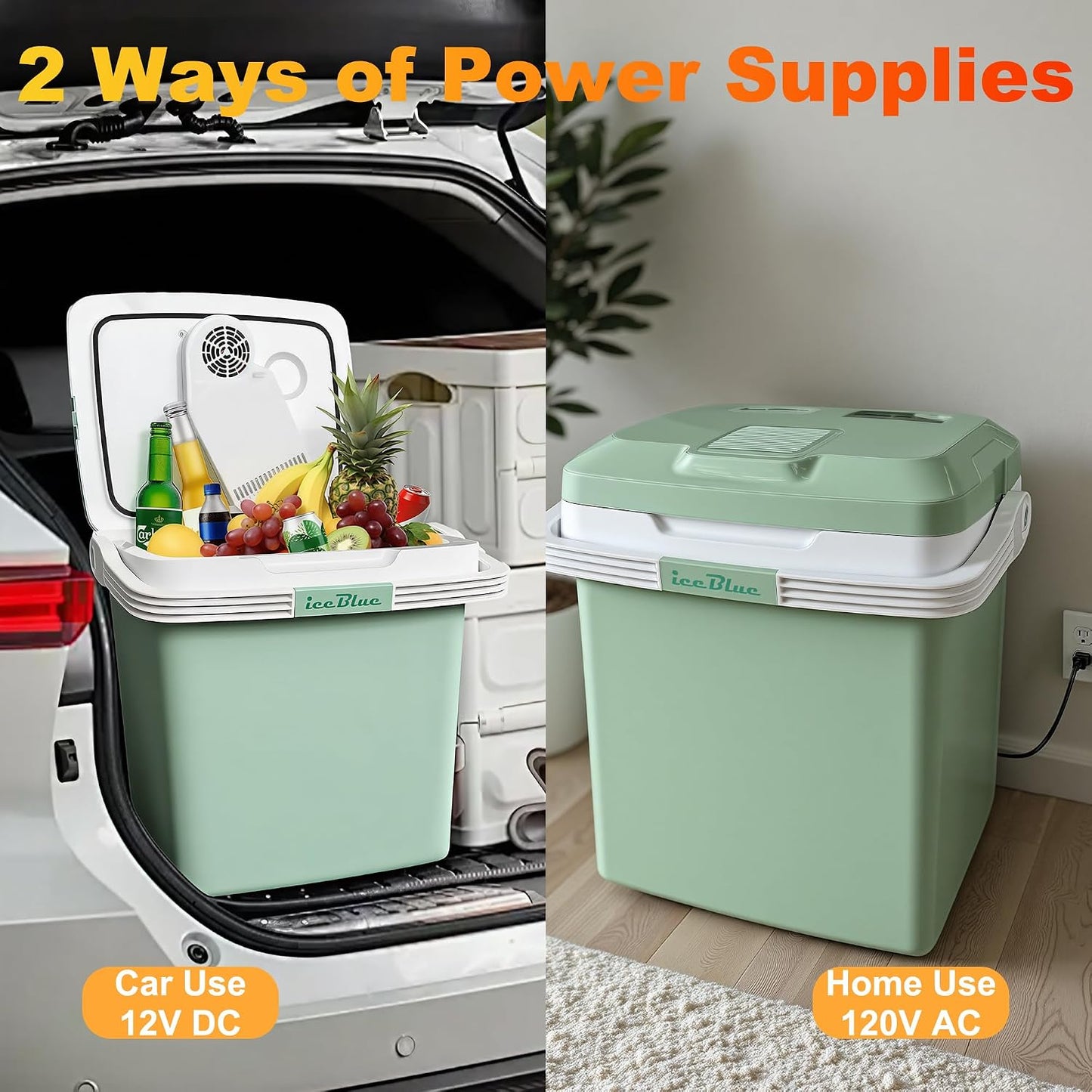 Electric Cooler, 26 Liter Mini Fridge with Automatic Locking Handle - Green | Large Capacity Car Refrigerator, Dual Use Portable Car Fridge for Travel, Outdoor, Camping, Gift