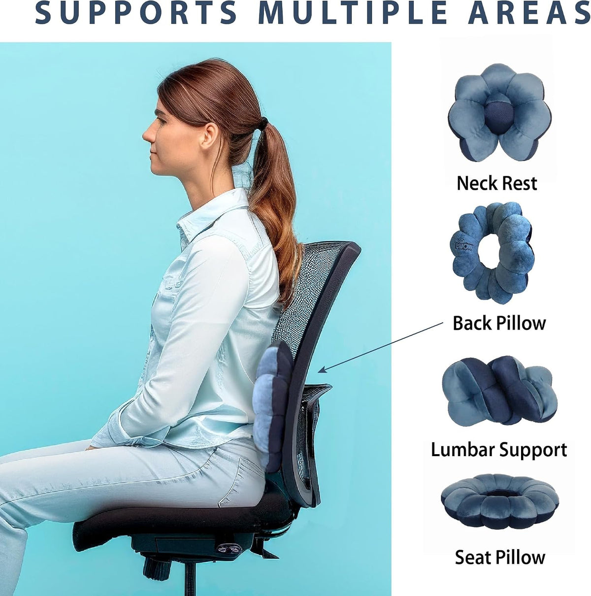 Total Pillow Donut Pillow for Airplane & Travel, Sleeping Neck Pillow, Microbead Comfortable Pillow for Neck, Head, Back, Lumbar & Pelvic Support, Twists to Many Positions - 2 Pack, Blue