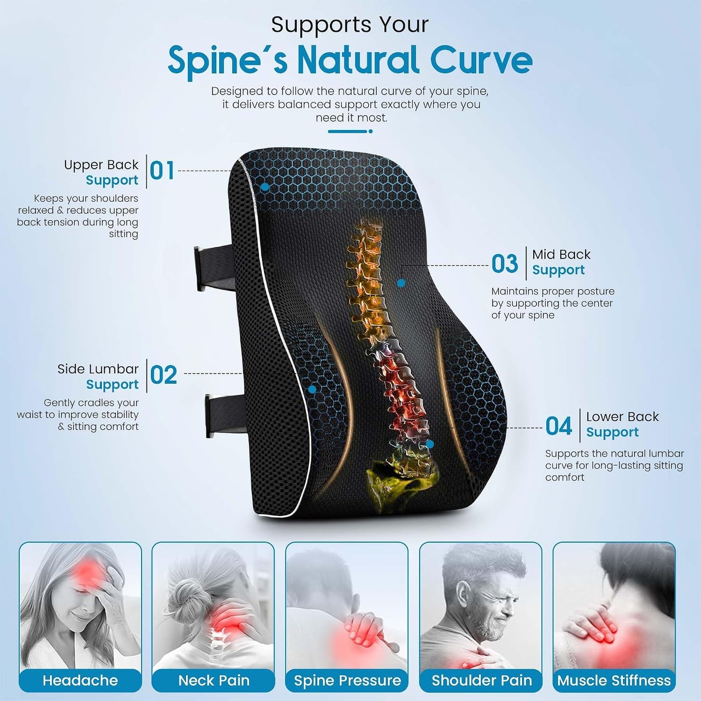 Lumbar Support Pillow for Office Chair and Car - Memory Foam Back Cushion with Breathable Mesh Cover & Dual Adjustable Straps for Back Pain Relief & Long Sitting - Full Back Support for Office Chair